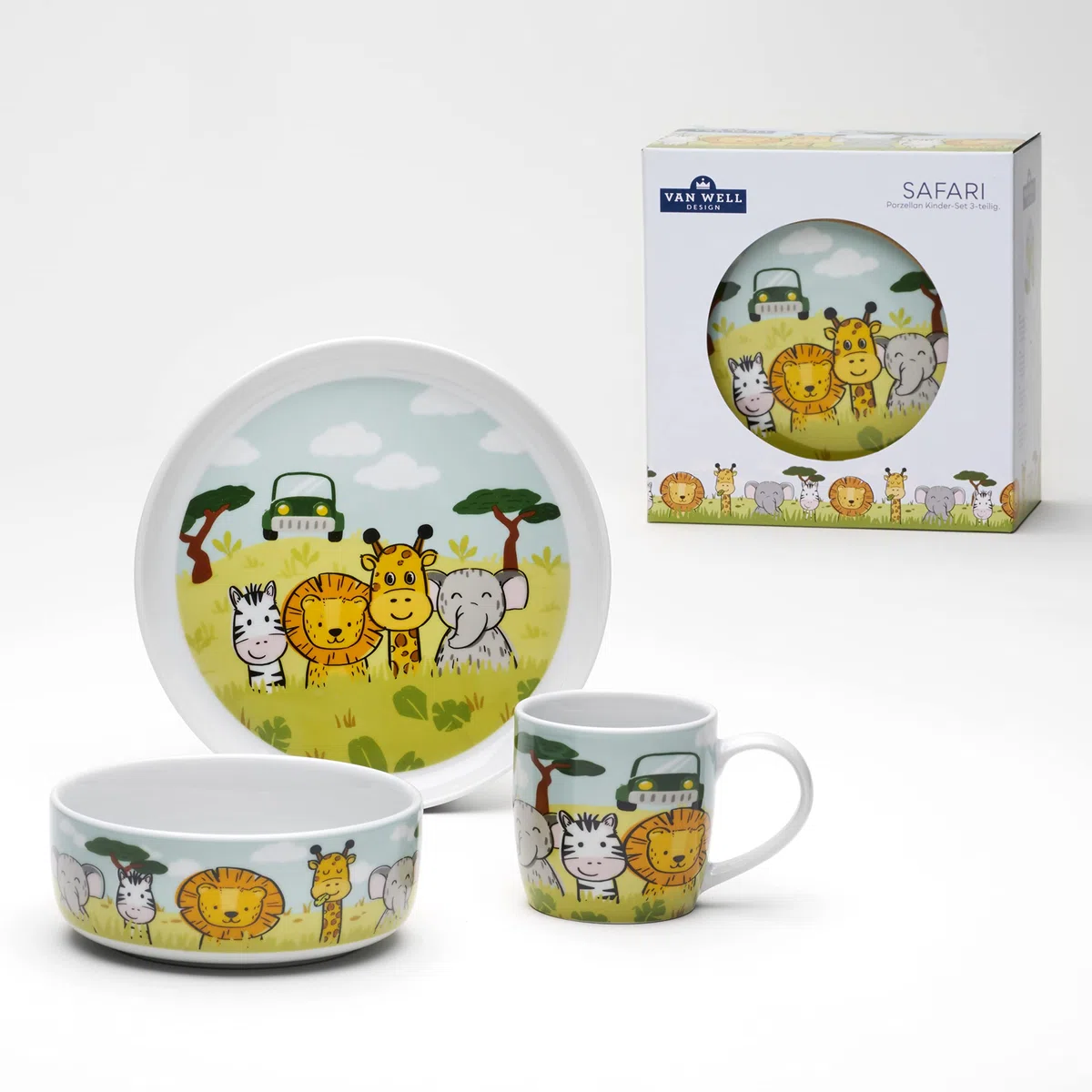 VAN WELL "Safari" - Servizio di stoviglie per bambini, 3 pezzi, in porcellana, motivo: animali, con bicchiere, ciotola e piatto, ideale come regalo