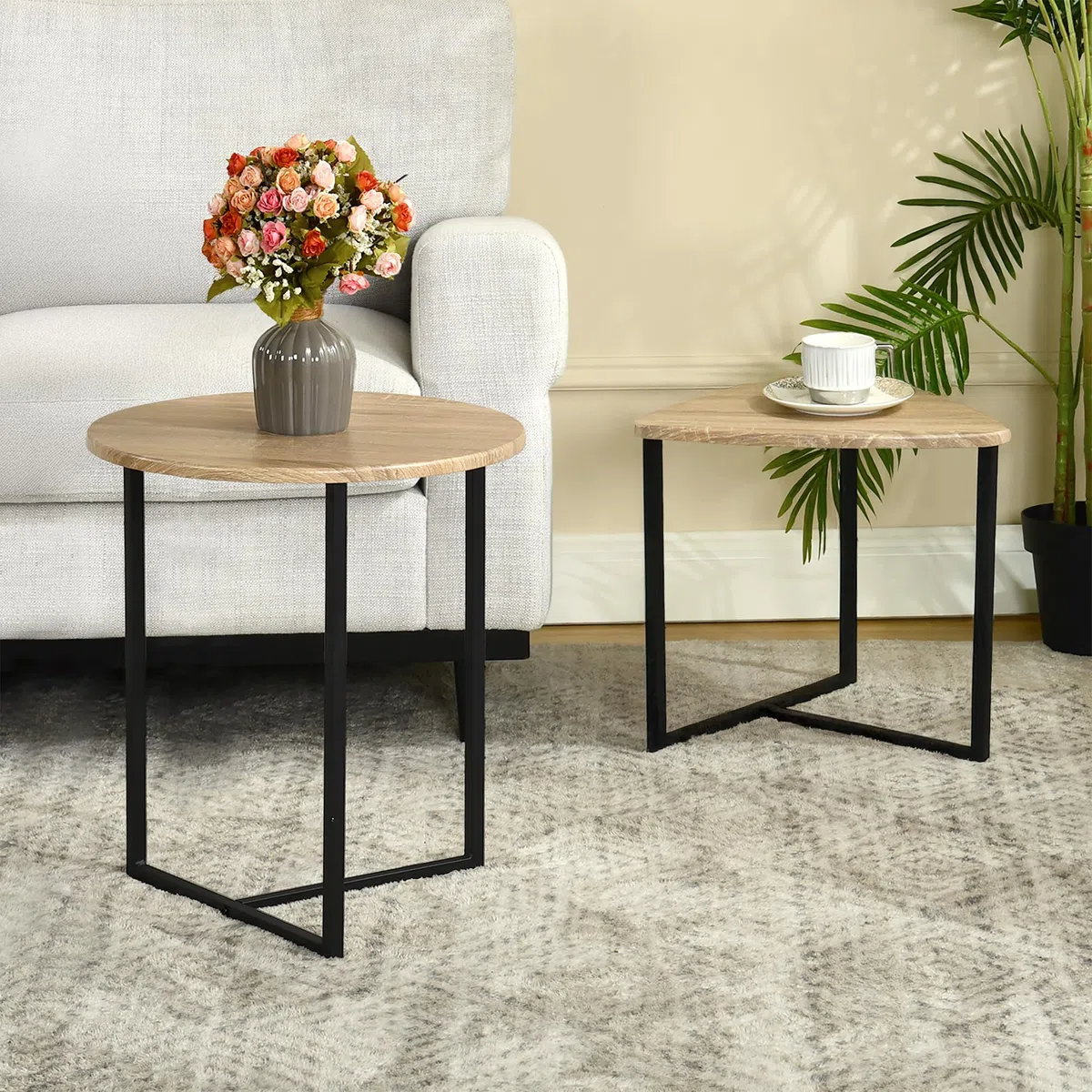 MEUBLE COSY Set di 2 Tavolino da caffè per Soggiorno Salotto Tavolini Sovrapponibili Salotto in Legno e Metallo, Stile Industriale, Marrone Chiaro