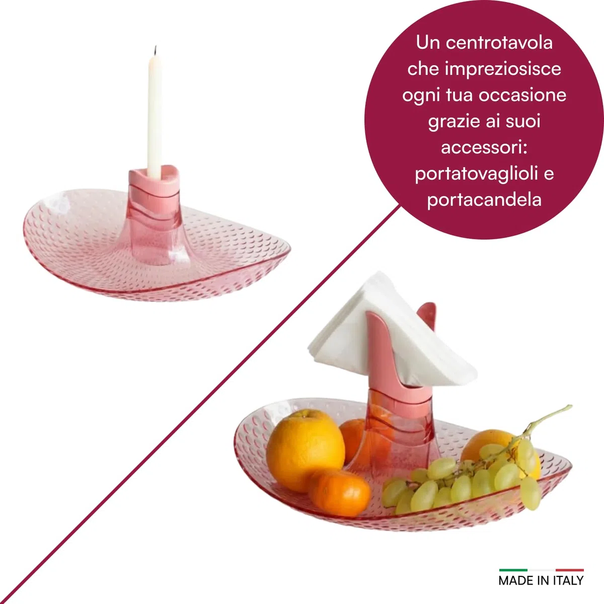 Granata Perica Porta Frutta da Tavolo, Centro Tavola Moderno con Design in Policarbonato Trasparente di Qualità, Fruttiera Centrotavola con Alloggiamento Portatovaglioli o Portacandela