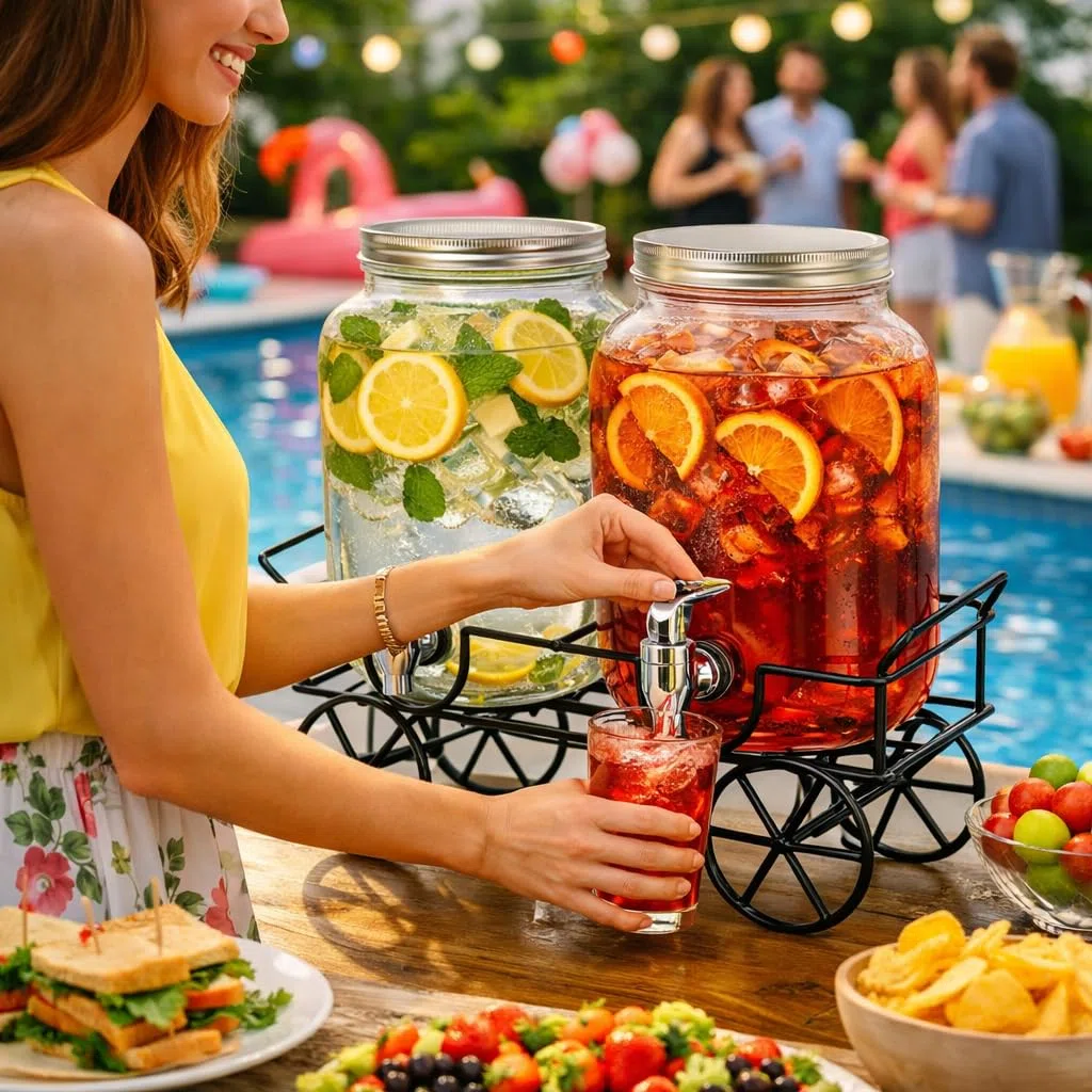 Set 2 Dispenser in Vetro per Bevande 4L con Rubinetto e Supporto, Erogatori per Succhi, Cocktail, Limonata per Feste, Picnic e Barbecue