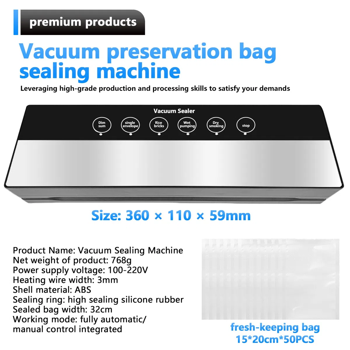 Macchina per sottovuoto 6 in 1 con 50 sacchetti sottovuoto, macchina per sottovuoto per alimenti, 8 volte più a lungo, macchina sottovuoto multifunzione per cucina e conservazione degli alimenti