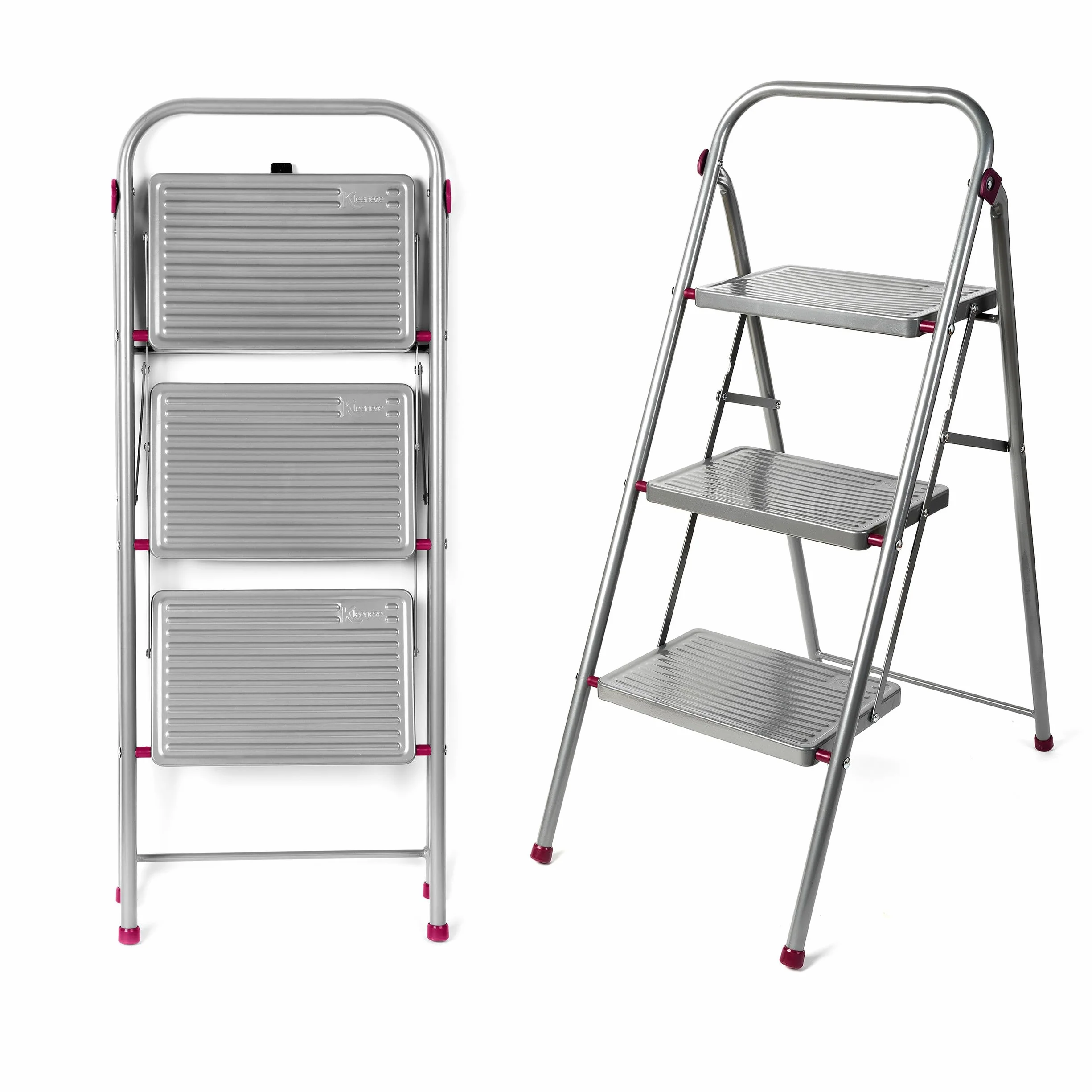 Kleeneze Scaletta Pieghevole Salvaspazio - 3 Gradini, 105 cm, con Piedini Antiscivolo, Capacità 150 kg, Colore Rosa/Grigio