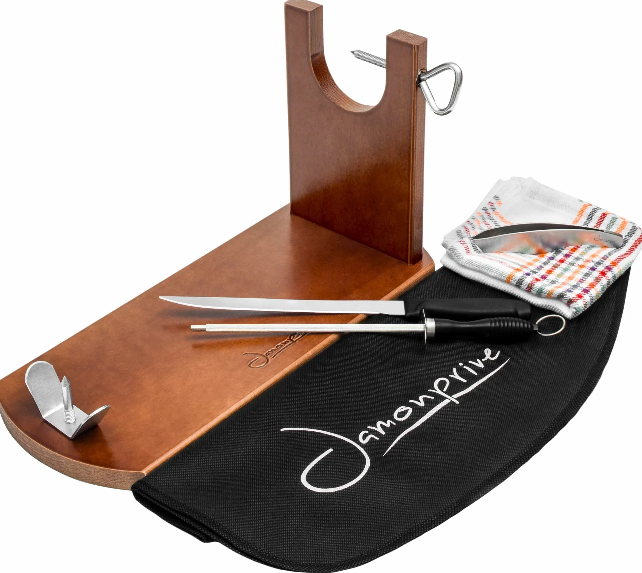 Jamonprive Porta Prosciutto Professionale Laccato + Coltello + Affilacoltelli + Copri Prosciutto + Panno + Pinza - Portaprosciutto Ideale per Jamon Serrano, Iberico e Prosciutto Italiano