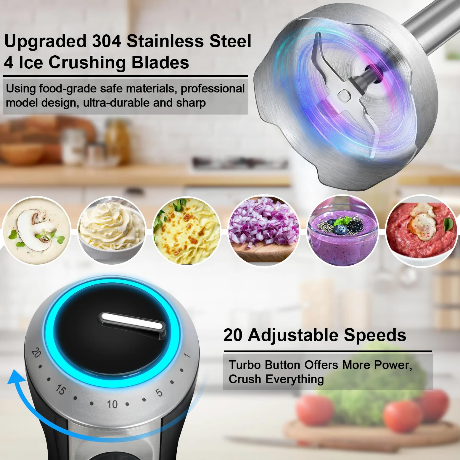 1500W Frullatore a Immersione, 4 In 1 Mixer Multifunzione Professionale Con 20 Velocità e TURBO, Acciaio Inox 304, Frusta, Tritatutto 500ml e Misurino 600ml,Per Smoothie Zuppe Salse,senza BPA