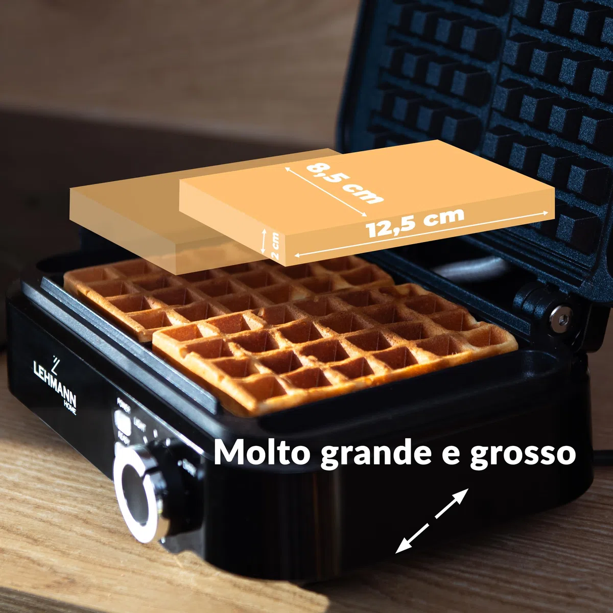 LEHMANN Piastra per Waffle Doppia, 1200W, Pronta in 3 Minuti, Regolazione della Temperatura fino a 240°C, Rivestimento Antiaderente, Pulizia Rapida e Facile, Waffle Spessi 12,5 x 8,5 x 2 cm