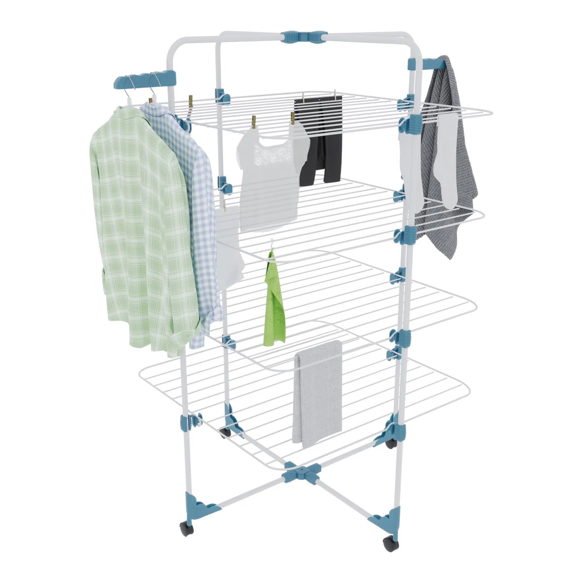 Bricozone Stendibiancheria Verticale con Rotelle Salvaspazio e Pieghevole in Acciaio con 4 Ripiani e 2 Supporti per Grucce per Stendere Biancheria Lenzuola e Abiti Misure 168,5x71x71cm (Bianco e Blu)