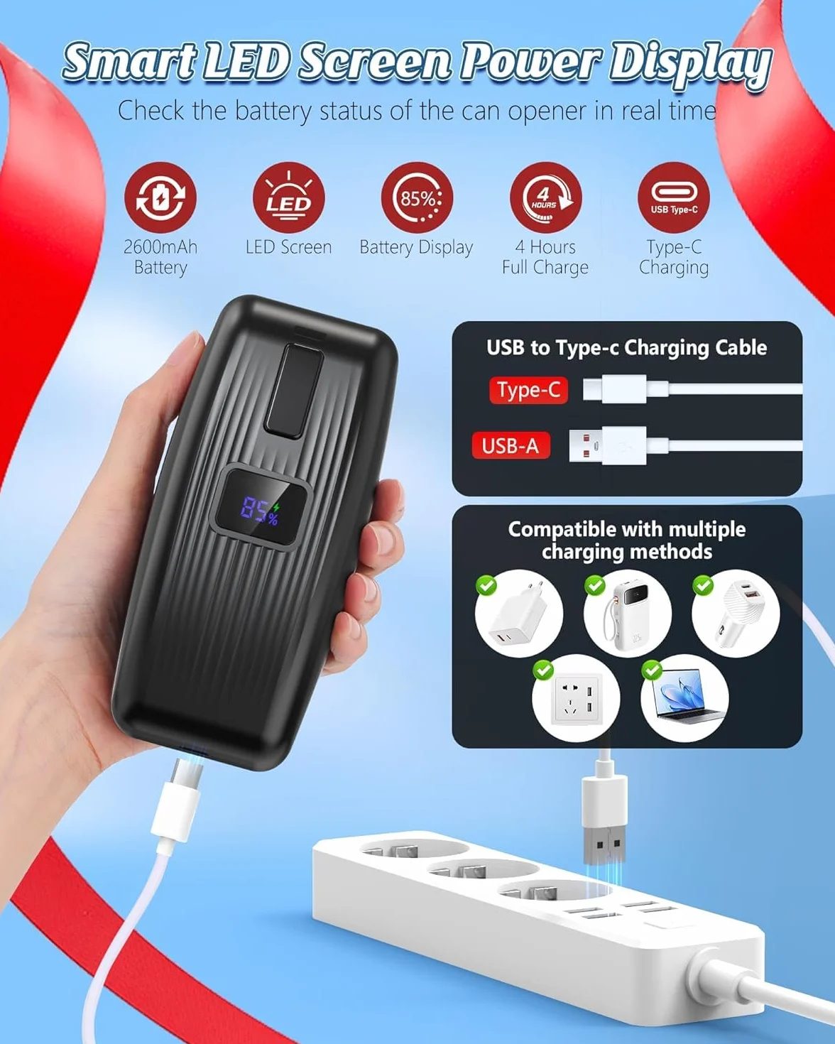 Apriscatole elettrico automatico con funzionamento one-touch, apriscatole elettrico intelligente per anziani, apriscatole ricaricabile per tutte le dimensioni – nero