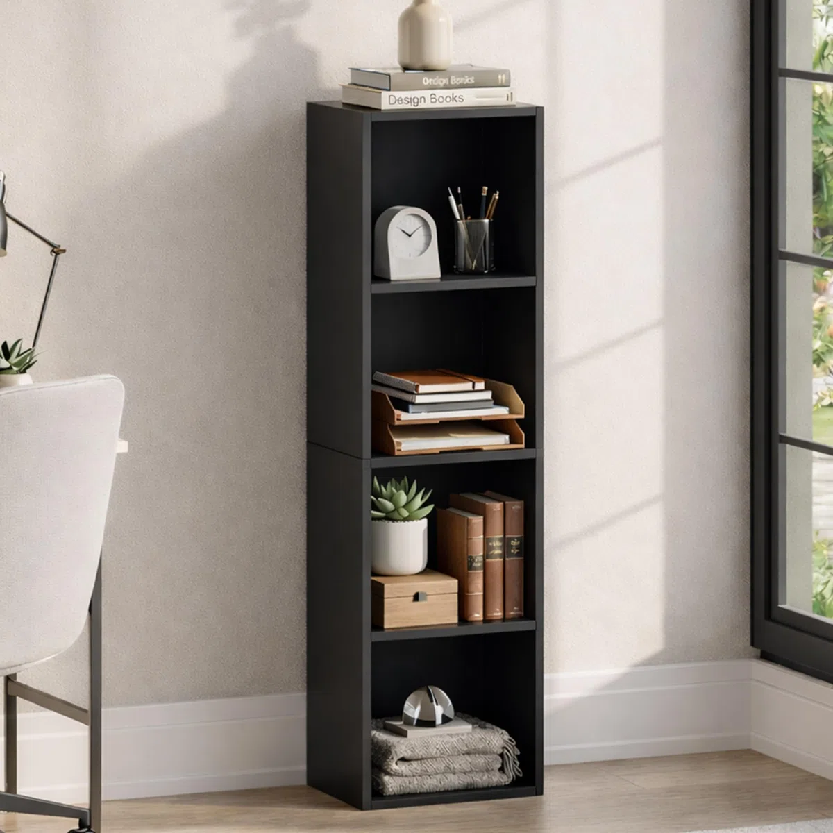 Vida Designs Oxford 4 Ripiano Cubo Libreria, Moderno Space-Saving Mobile contenitore for Soggiorno, Camera da letto or Ufficio, Autoportante Esposizione Shelf, H106xW32xD24cm (Nero)