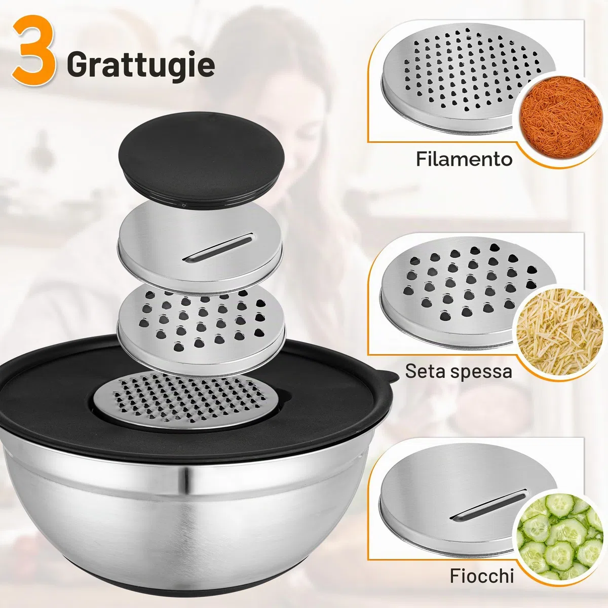 KUOGAS Set di 5 Insalatiera con Coperchio,Ciotole Cucina,3 Accessori per Grattugia, Grande Ciotole Acciaio Inox Cucina, Impilabile, Paraspruzzi, Lavabile in Lavastoviglie