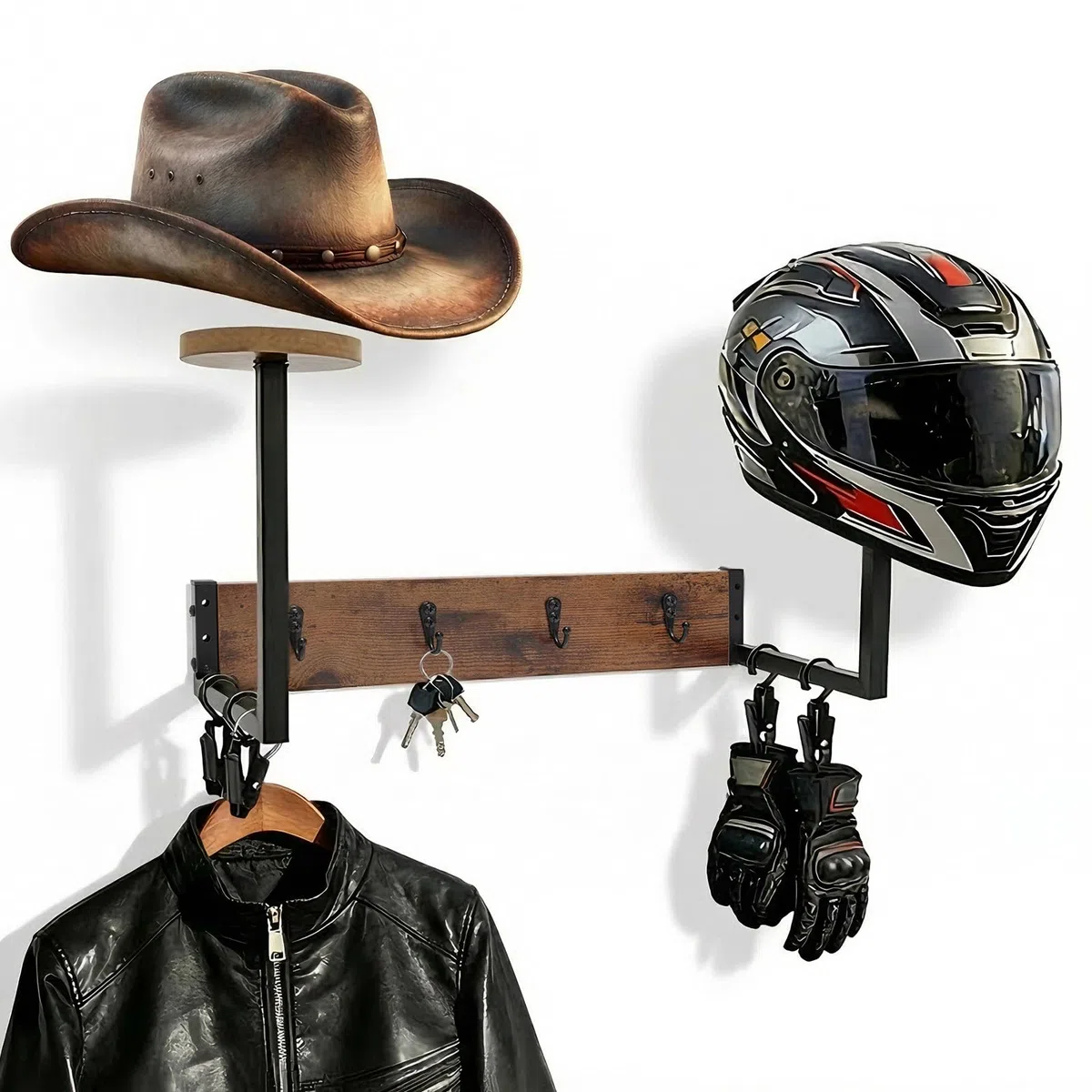 Porta Casco da Parete Appendi Casco Moto da Parete Porta Cappelli in Legno, 2 Supporti per Casco Tattico, 4 Ganci in Metallo e Clip, Appendiabiti per Cappelli, Asciugamani, Borse, Sciarpe