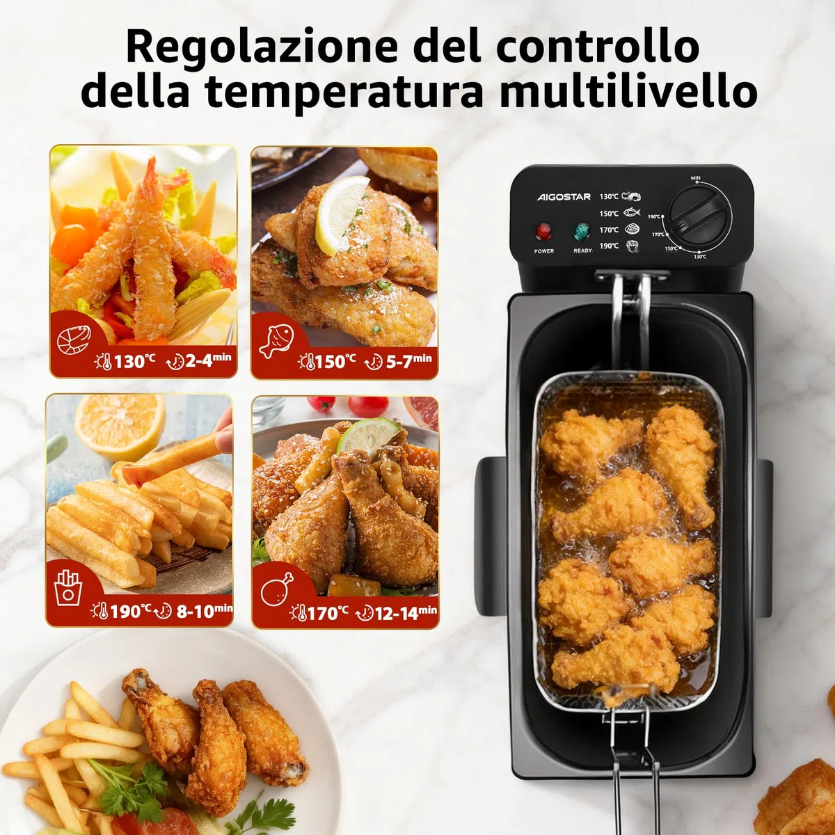 Aigostar Friggitrice 2200Watts, Capacità 3 Litri con Finestra, Controllo di Temperatura, Ciotola d'Olio Removibile