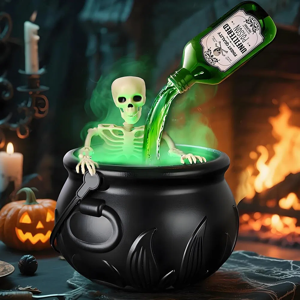 Starnearby Decorazioni Halloween Calderone con Scheletro, Calderone Strega Halloween con Bottiglia di Pozione Magica Galleggiante e Diffusore, Calderoni in Plastica con Fumo (25 CM)