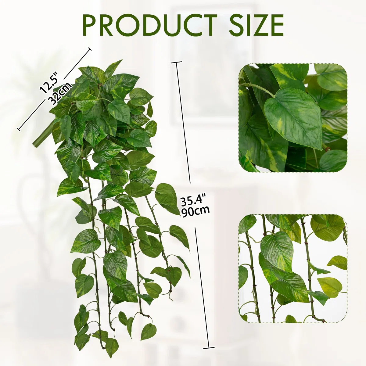 Briful Pianta artificiale sospesa Pothos – Verde artificiale realistico Scindapsus Viticci, ca. 90 cm, pianta decorativa per parete, soggiorno e interni