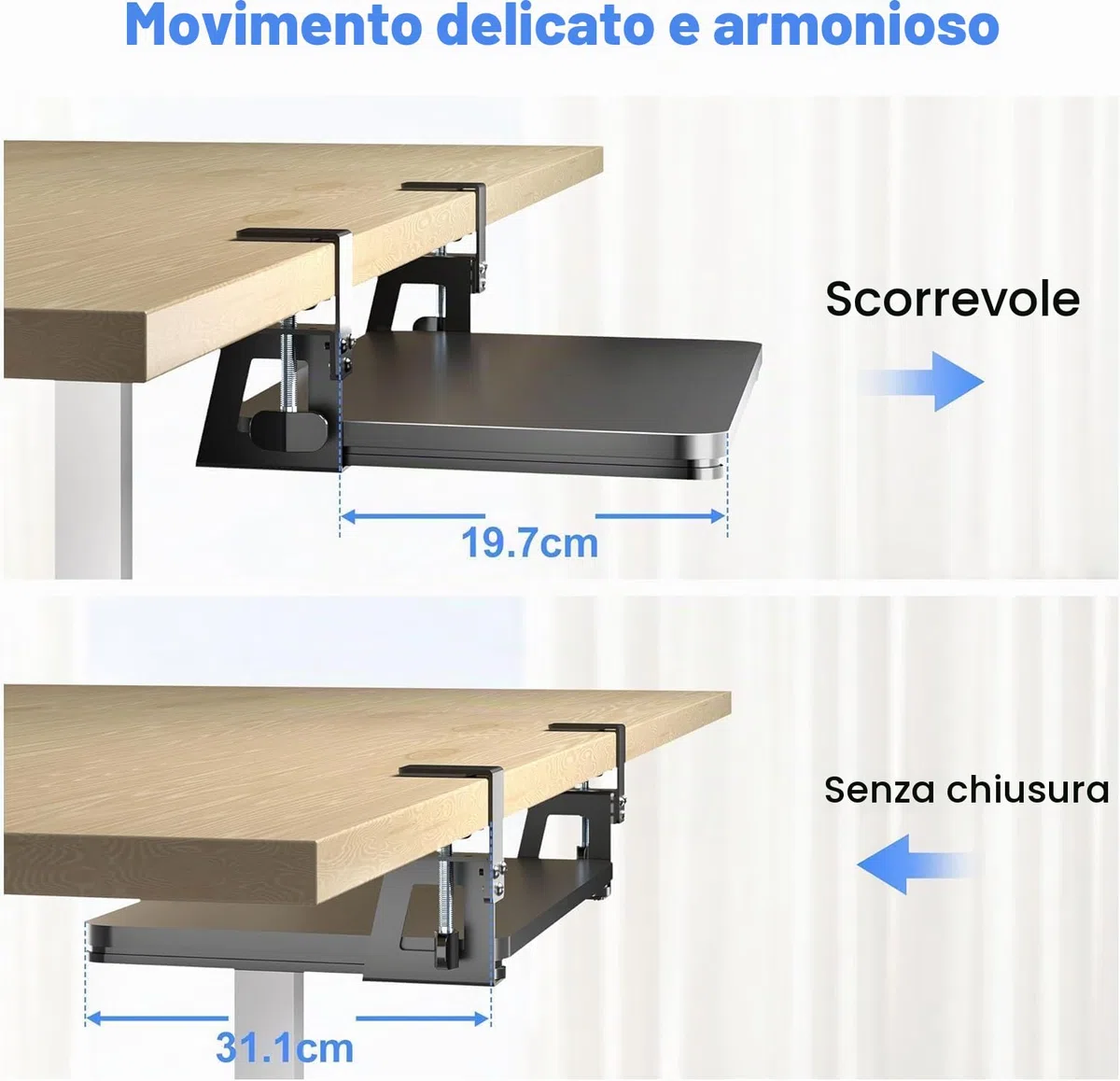 XINLEI Supporto per Tastiera Sotto Scrivania con Morsetto a C Grande, Cassetto Estraibile per Tastiera e Mouse, Dimensioni 75,6 cm (Lunghezza Totale) x 31,1 cm, Supporto per Scrivania Regolabile, DSF4