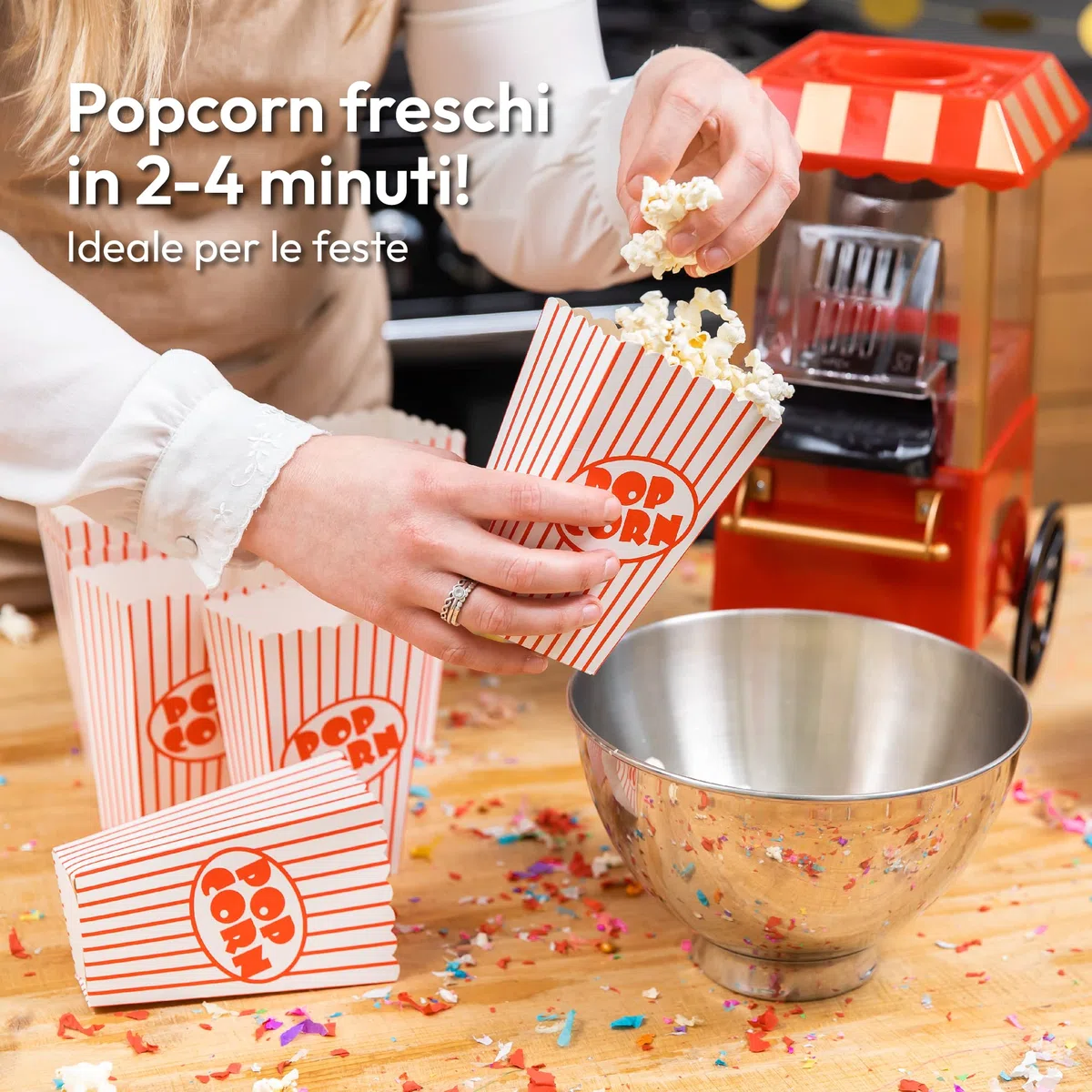 Gadgy Macchina Popcorn | Macchina per Pop Corn ad Aria Calda l Preparazione Salutare, Senza Olio o Grassi l Macchina Pop Corn con Misurino e Coperchio Superiore Rimovibile l Rivestimento Rosso Retrò