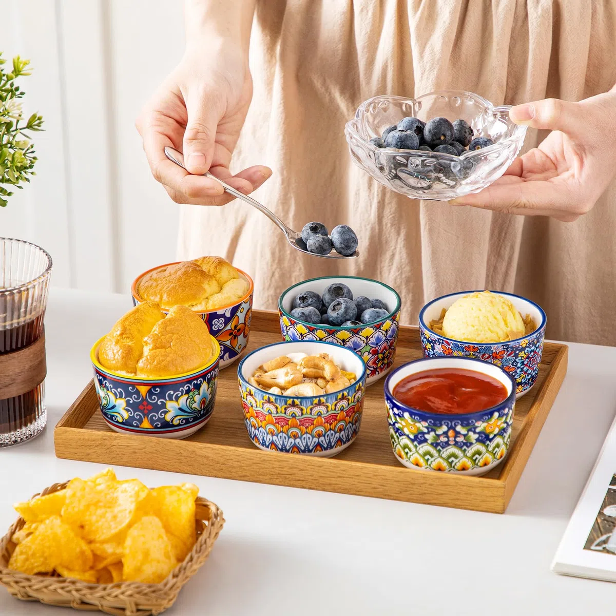 vancasso SIMI Pirottini per Soufflé Set, 6 X 120 ml Stampi per Soufflé, Mini Ciotole in Porcellana per Creme Brulè, Set da Stampi a Prova di Forno per Crema Pasticcera, Budino, Ø 8 cm, Stile Boho