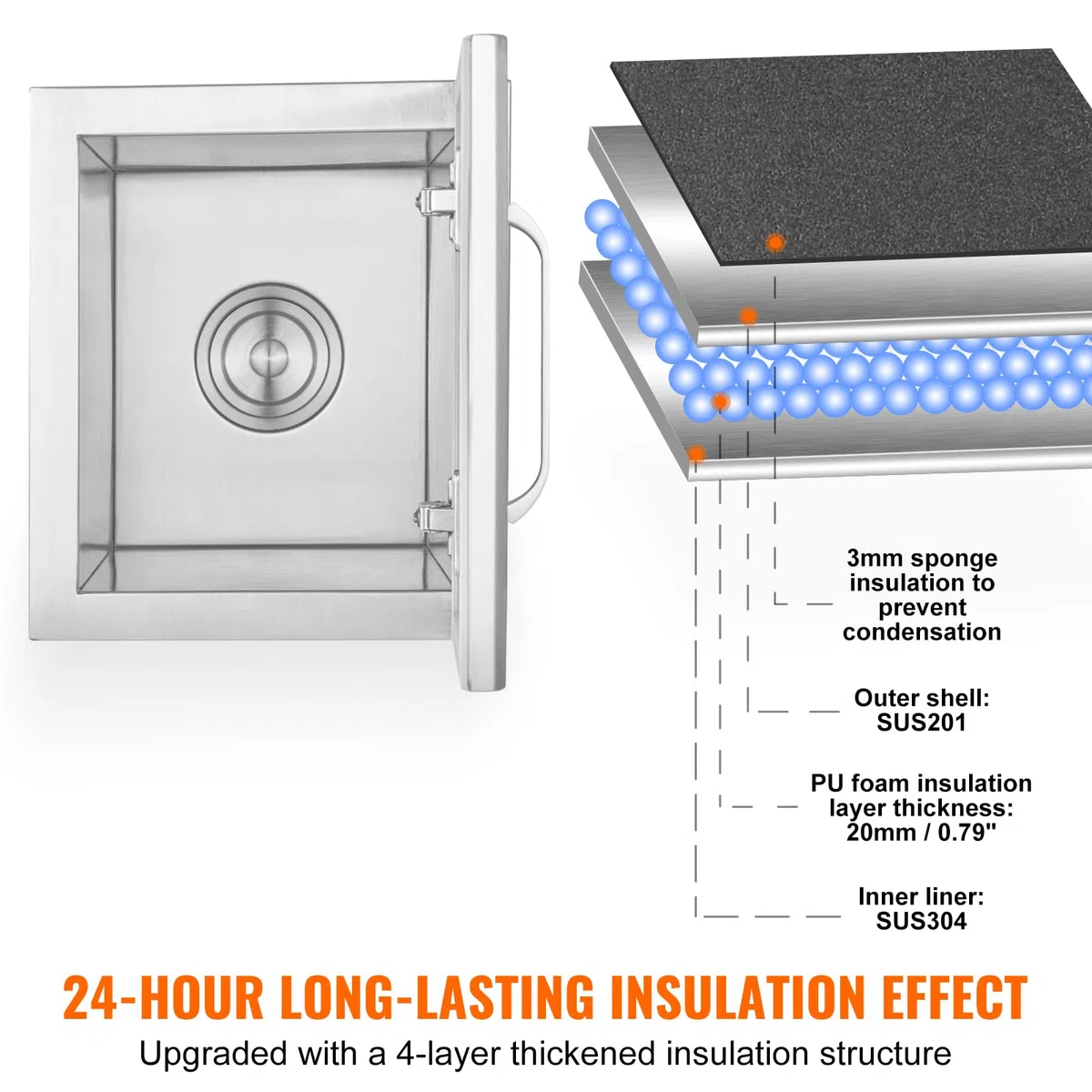 VEVOR Contenitore per Ghiaccio da Incasso 28,52 L 355x305x461 mm, Contenitore per Ghiaccio Coibentato in Acciaio Inox, con Coperchio incernierato, Tubo Flessibile, per Bevande Birre Fredde, Cottura