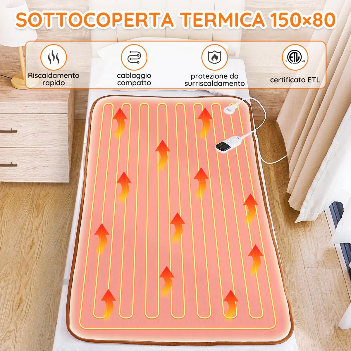Mia&Coco Coperta termica con spegnimento automatico, 150 x 80 cm, con timer 12 ore e 3 livelli di calore, indicatore LED, protezione da surriscaldamento, coperta termica per materassi frequenti
