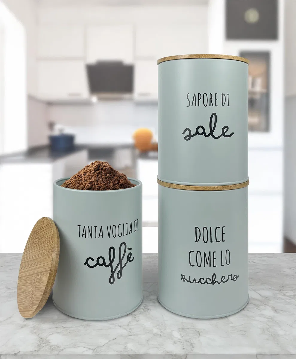 IlGruppone Set 3 Pezzi Barattoli Cucina Contenitori Certificati Contatto Alimentare Contenitore Sale Zucchero Caffè Moderne Scritte Barattolo Con Coperchio Ermetico Legno Bambù - Salvia
