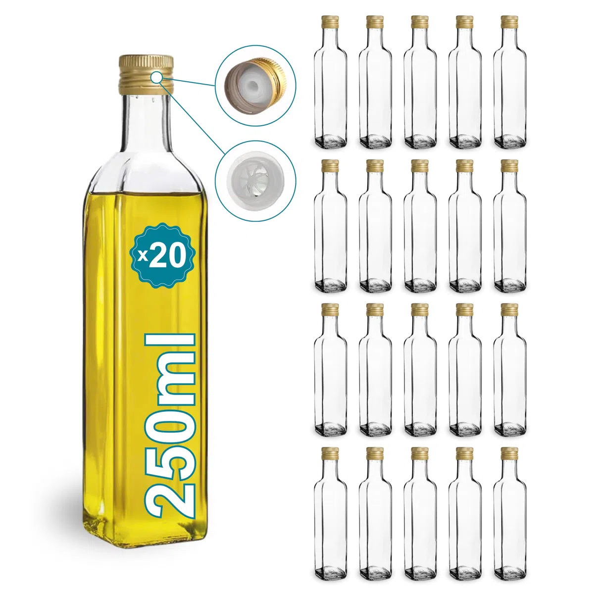 Espirito Rebelde 20 bottiglie di vetro, 250 ml, con tappo a vite dorato con beccuccio | Olio d'oliva, aceto, alcol, salse | Bottiglia per olio in vetro