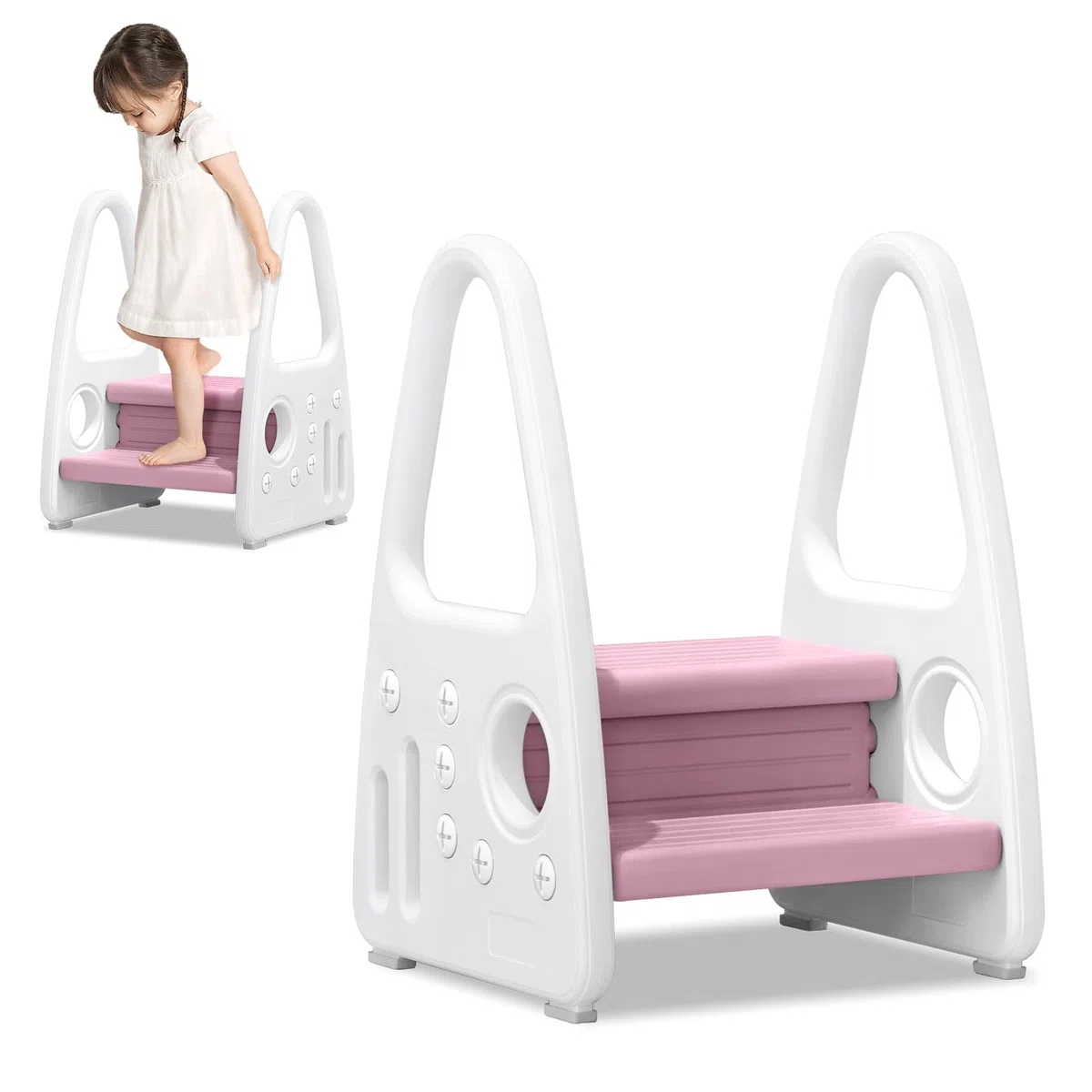 UISEBRT Sgabello a 2 Gradini per Bambinim, Scaletta Alzabimbo Antiscivolo, per la Cameretta dei Bambini il Bagno, la Camera da Letto, la Cucina (Rosa)