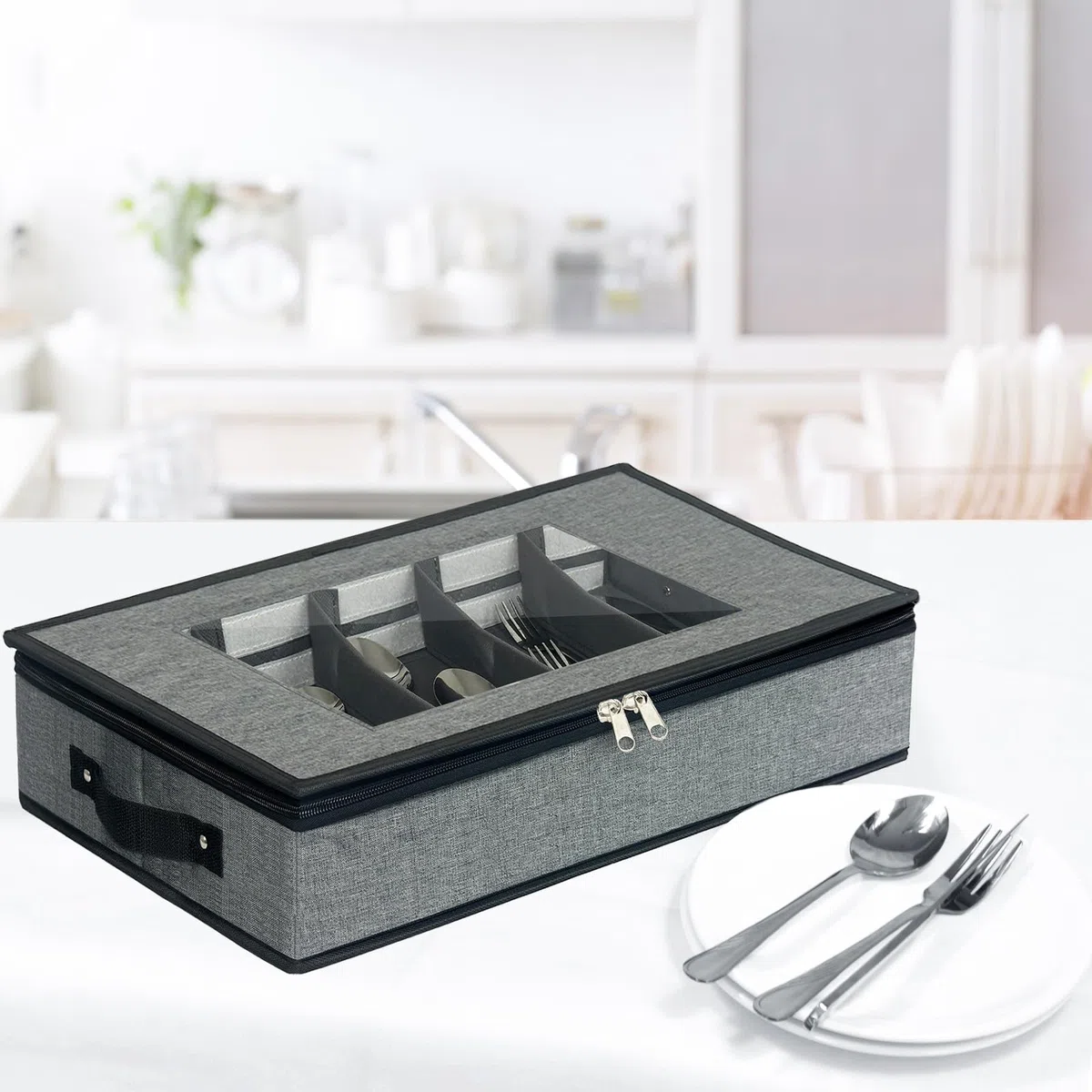 Custodia per posate e utensili, scatola per posate con divisori, portaposate a 5 scomparti con coperchio rimovibile, manici per coltelli (grigio chiaro)