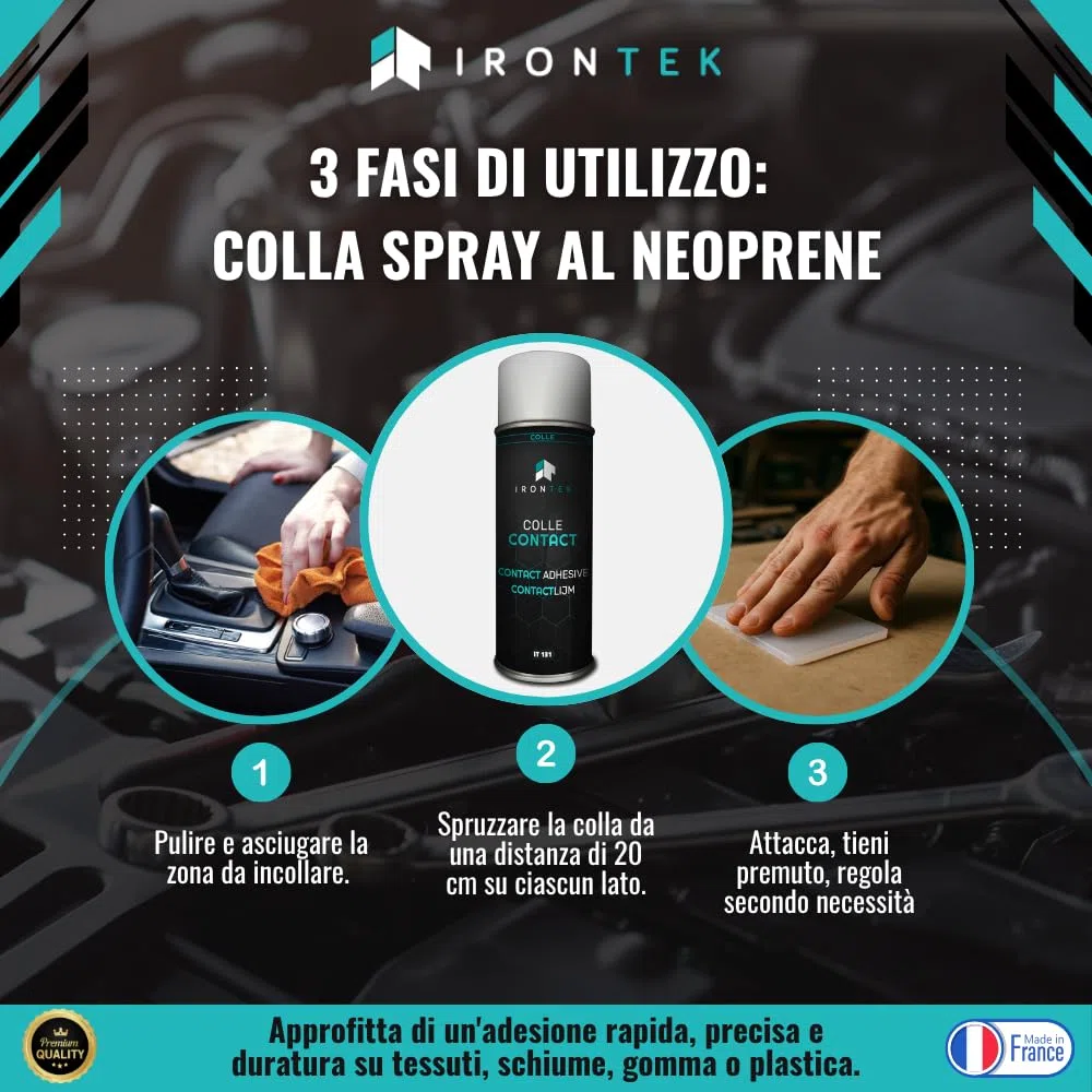Colla Spray a Contatto 400ml - IRONTEK - IT131 | Neoprene Senza Filamenti | Alta Resistenza | Tessuti Gomma Plastica | Riposizionabile