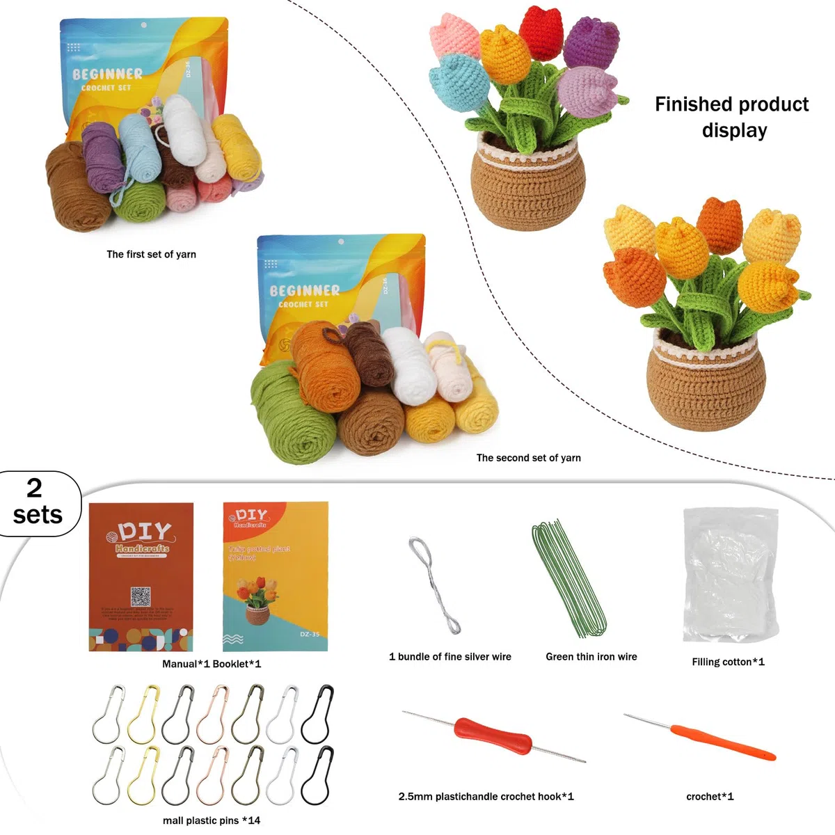 2 Kit Uncinetto Principianti, Tulipano in Vaso, Fiori Kit All'uncinetto Borsa Completo con Tutorial Illustrati e Video, Amigurumi Uncinetto Piante Regali Fai Da Te Teper Mamme Nonne Amici e Compleanni