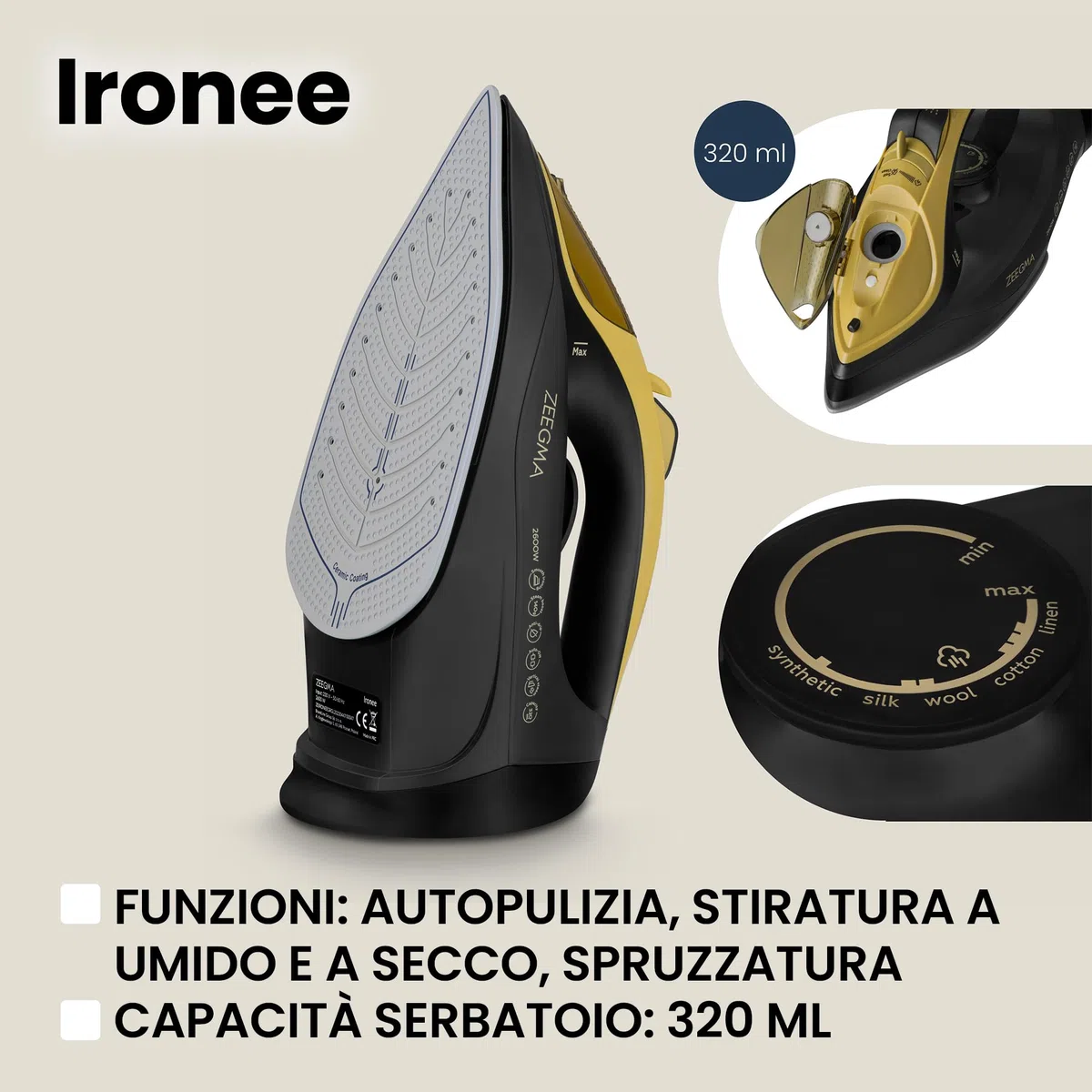 ZEEGMA IRONEE Ferro da stiro senza fili e con fili, Con rivestimento in ceramica 2600W, Stiratura orizzontale e verticale Serbatoio 320ml autopulente Antigoccia e anticalcare Stiratura
