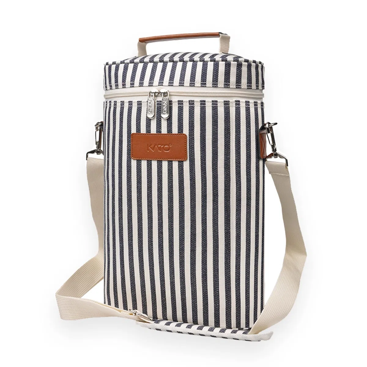 Kato Tirrinia Borsa termica per bottiglie da 2/4, borsa termica per vino isolata, portatile, con cinghia, per picnic, feste, bYOB, ristorante, degustazione di vino, beige, 21 × 9 × 35 cm, strisce