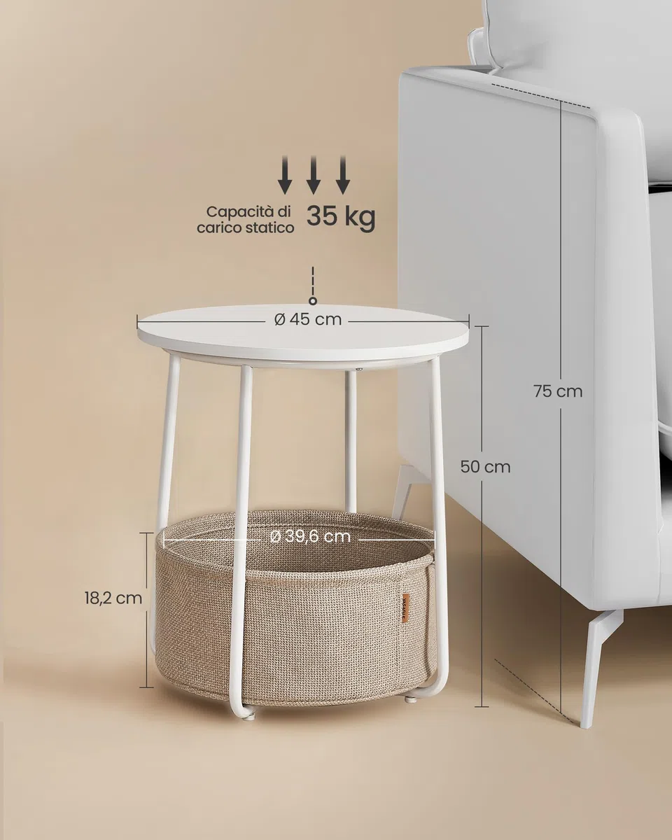 VASAGLE LILEA Collezione - Tavolino, Tavolino Rotondo con Cestino in Tessuto, Spazioso, per Soggiorno Camera da Letto, Comodino, Stile Moderno, Bianco Opaco e Marrone Cammello LET223W10