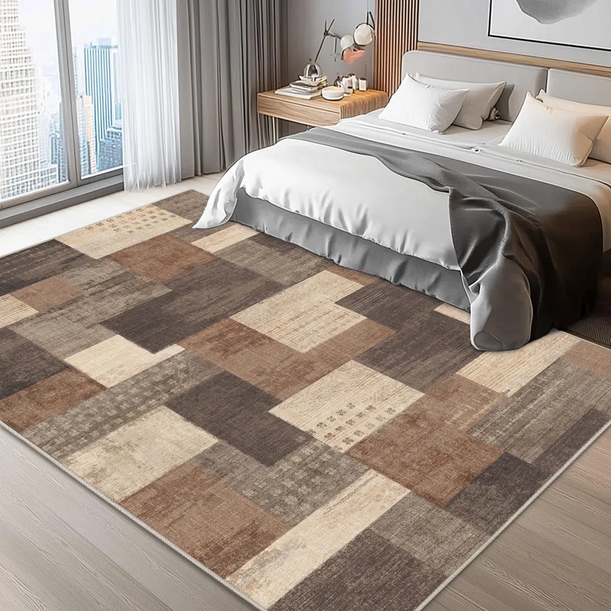Tappeto moderno geometrico patchwork per interni e soggiorno, antracite, 80 x 150 cm, grandi tappeti, collezione Rockwood, decorazione per camera da letto, grigio, morbido, pelo corto