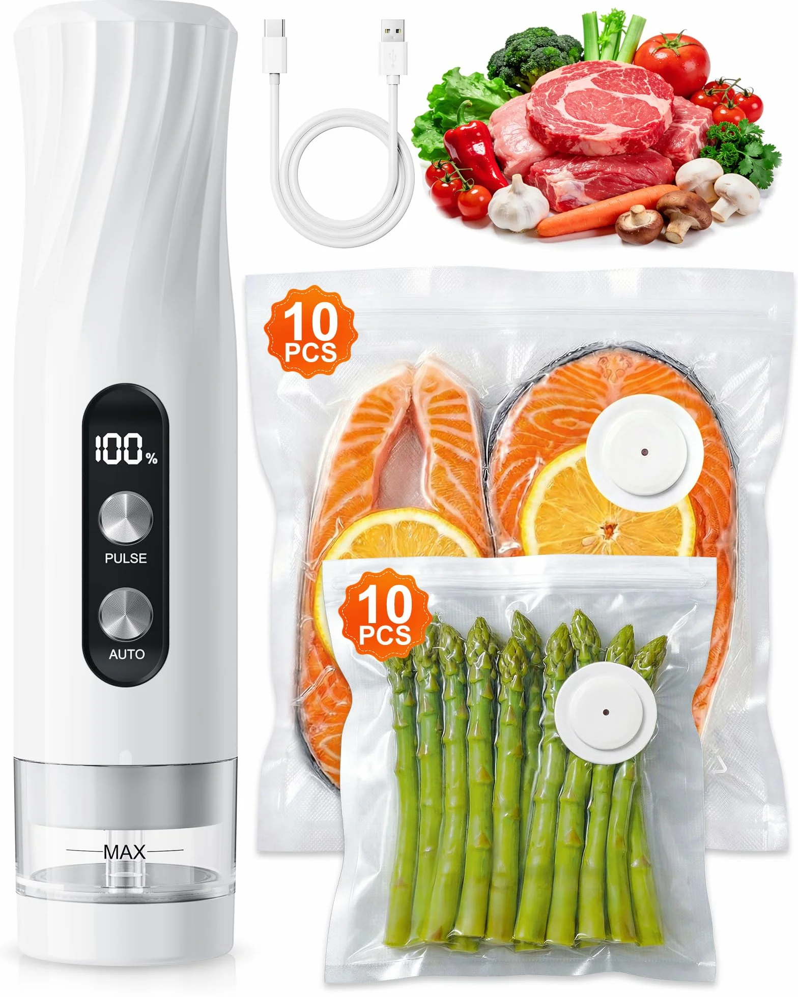 Babacom Macchina Sottovuoto Alimenti Portatile con Serbatoio Visibile, 60kPa Potente Vacuum Sealer, Sigillatura Auto e Modalità Impulso per Alimenti Delicati Sigilla Barattoli,20 Sacchi Riutilizzabili