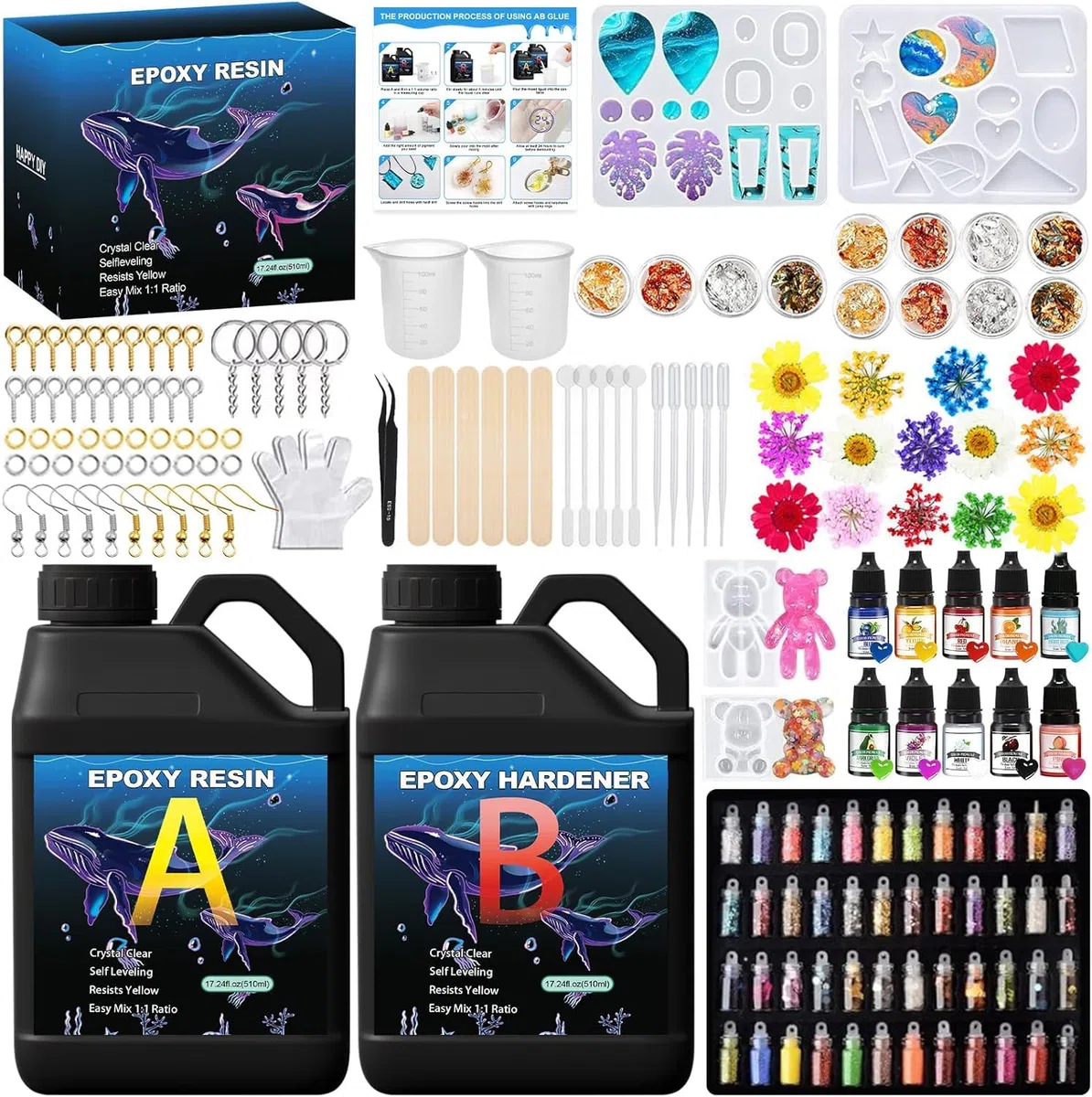 Resina Epossidica 1020 ml,Kit Resina Epossidica,Resina Epossidica Trasparente,Rapporto 1:1 Colla Resina Epoxy Kits con Indurente,per la Creazione di Gioielli,Fai da Te,Pendenti per Collane,Legno