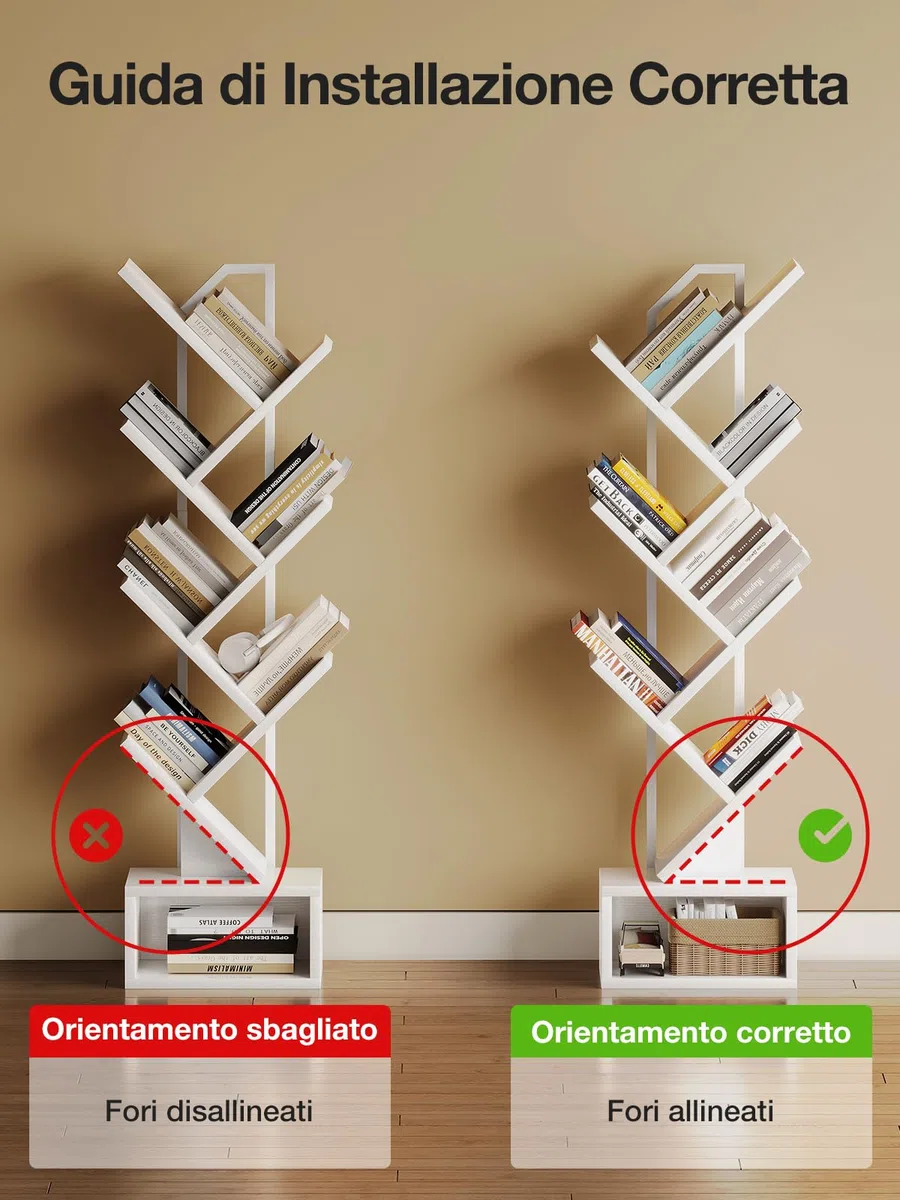 Coleshome Libreria ad Albero, Scaffale a 6 Ripiani con Divisori, Scaffale Legno Adatto per Soggiorni e Camere da Letto, Bianco