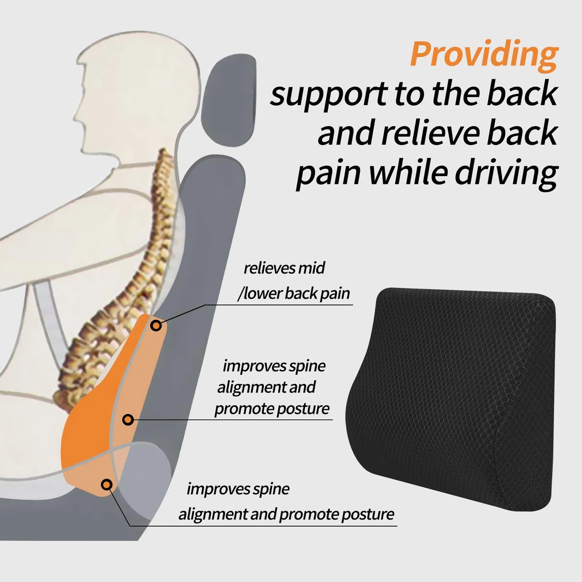 Livtribe Cuscino di supporto lombare per auto, supporto posteriore in memory foam, cuscino di supporto per schienale medio/inferiore per seggiolino auto (nero)