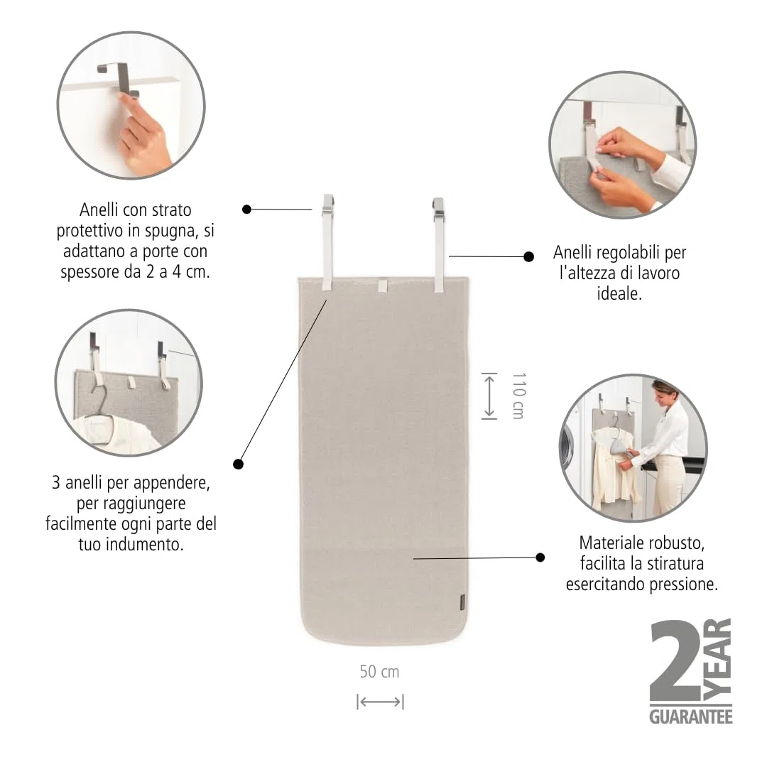 Brabantia - Coperta Steaming appendibile - Termoresistente per la Stiratura a Vapore dei Capi - Ganci, Strato Protettivo Posteriore e Passanti per Le grucce - 110 cm x 50 cm - Grey