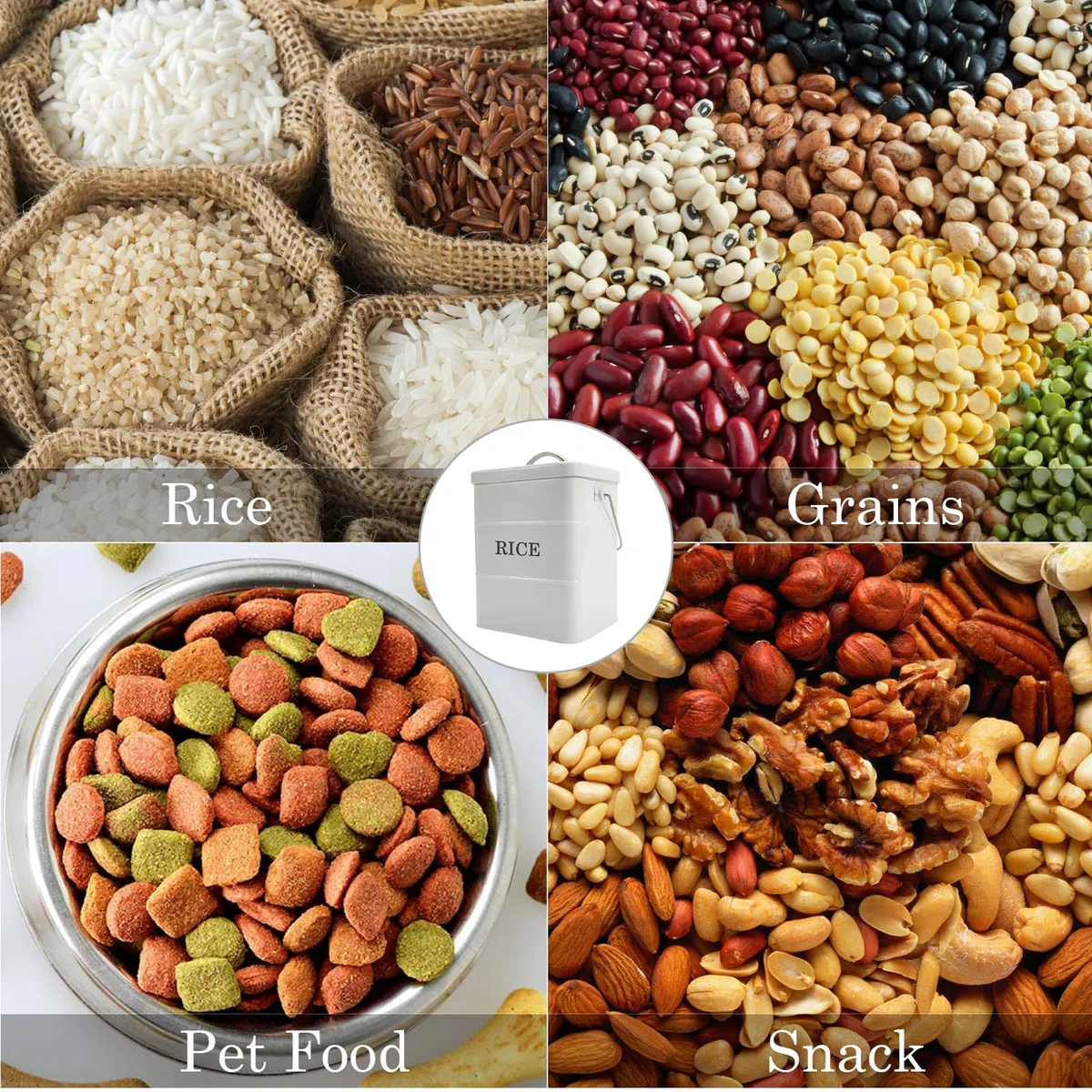 Contenitore per riso in metallo bianco, 4.5KG, con coperchio e manico, ermetico per riso, cereali, farina, contenitore per cibo secco, contenitore per animali domestici e alimenti