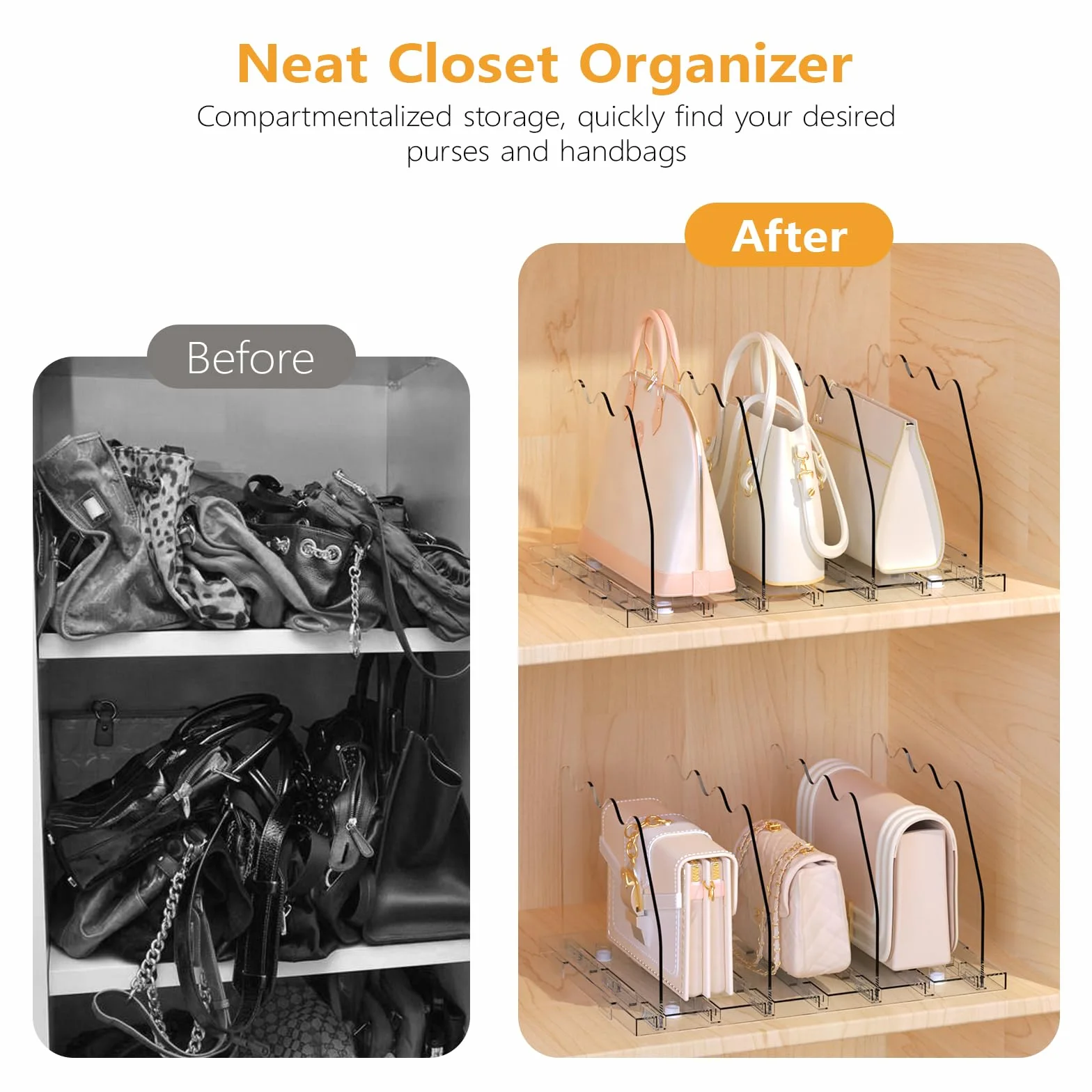 Ronlap Divisori per mensole, organizer per borse, organizer per armadio, organizer regolabile per vestiti, organizer per borse, per cucina, armadio, bagno, 8 pezzi, trasparente
