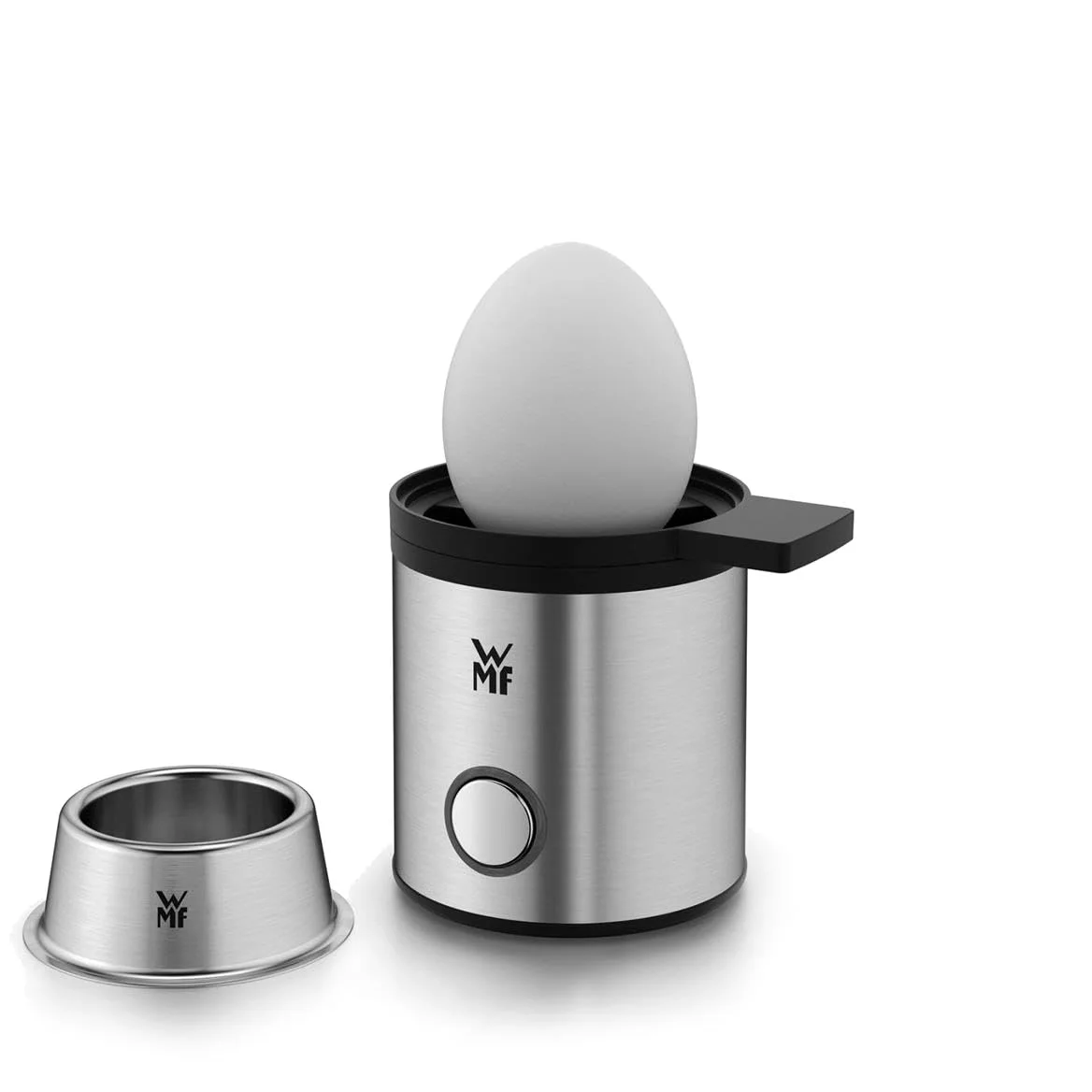 WMF KitchenMinis Cuociuova Elettrico in Acciaio Inox 18/10 Cromargan, con Misurino, Pungiuova e Portauova, Segnale Acustico e Coperchio in Tritan, Potenza 56W, Finitura Satinata Opaca