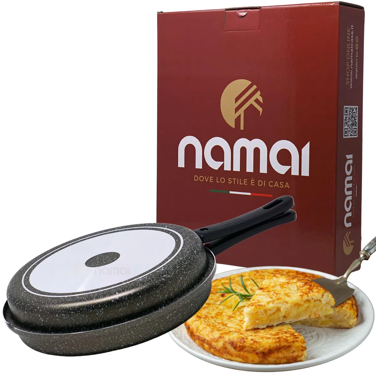 NAMAI - Padella Per Frittata 28 CM, Materiale Alluminio, Adatto In Lavastoviglie, Manico Removibile, Girafrittata Antiaderente, No Induzione, Made In Italy (28 CM)