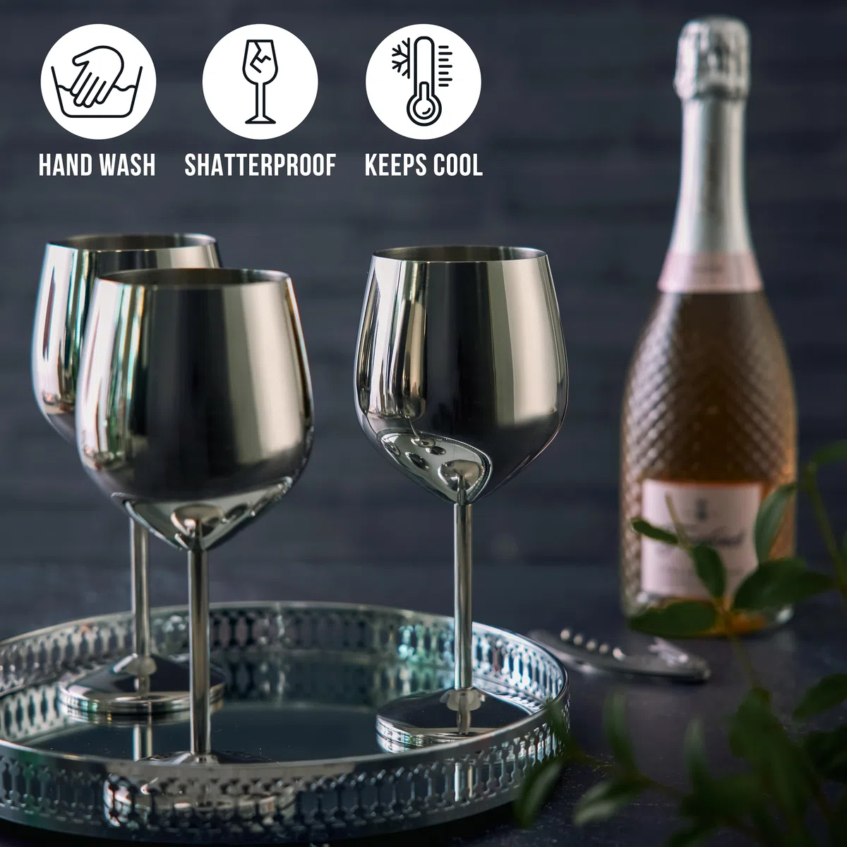 OS Oak & Steel - 4 Eleganti Bicchieri Da Vino In Acciaio Inossidabile, 500 Ml - Set Regalo Di Calici Infrangibili, Per Matrimoni, Anniversari, Feste Di Compleanno
