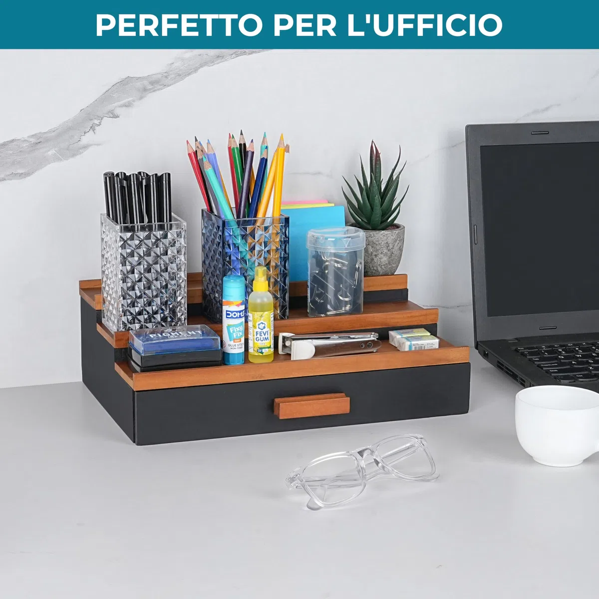 Winter Shore Porta Profumi a Scaletta in Legno - Espositore Profumi con Cassetto Estraibile - Espositore Profumi per Uomo - Organizer a 3 Ripiani in Legno per Comò - Espositore da Banco