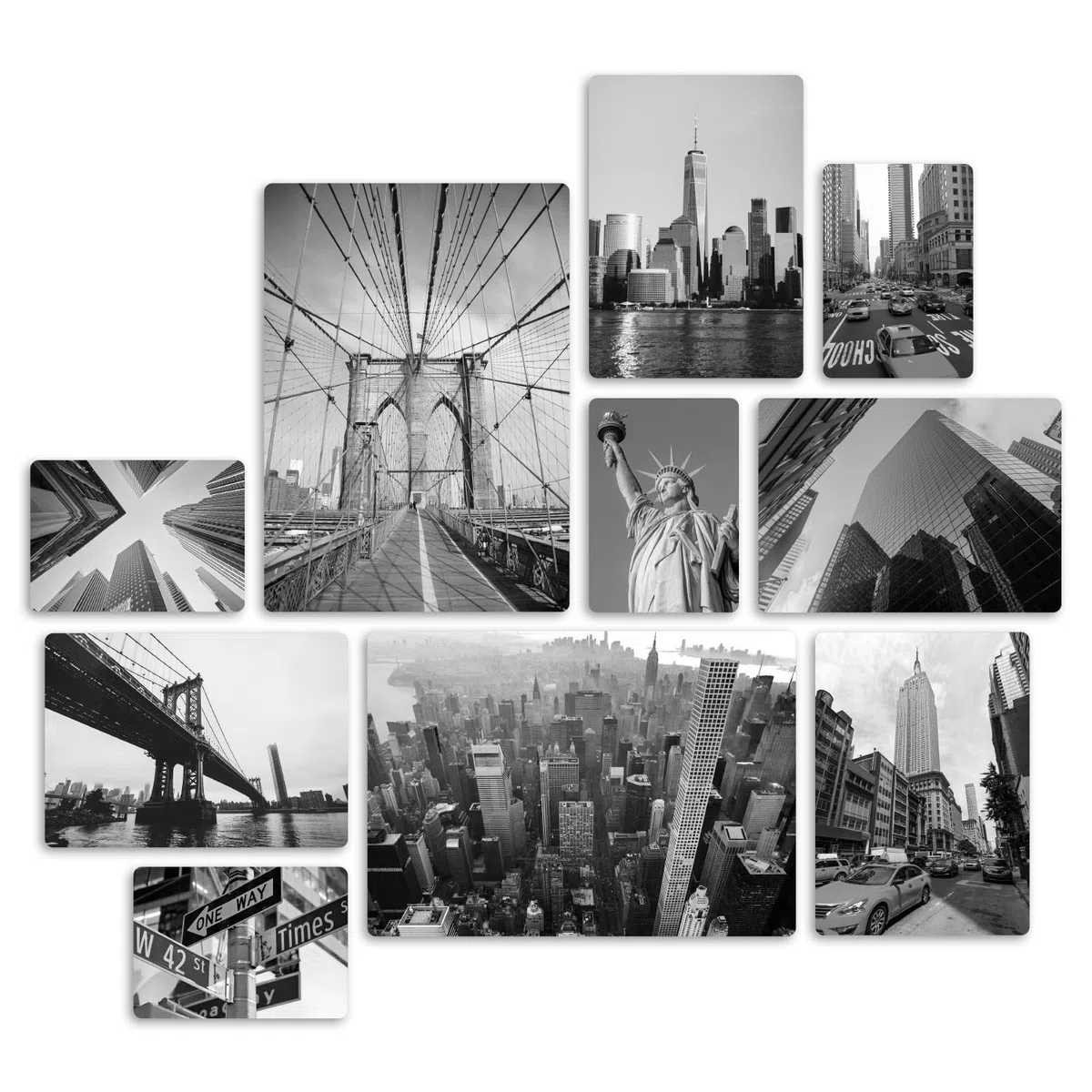 Giallobus - Set 10 quadri Multi pannello - Città - New York B&W - Legno Mdf - - 2 x 42x29,7cm - 4 x 29,7x21cm - 4 x 21x14,85cm - - Pronti da appendere - Quadri moderni per la casa