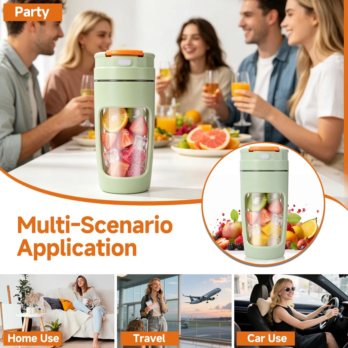 Frullatore Portatile, 500 ml Ricaricabile Mini Frullatore Personale con 4 Lame in Acciaio Inox, Bicchiere da Viaggio con Coperchio Antiperdita, per Frullati, Succhi e Frutta Congelata