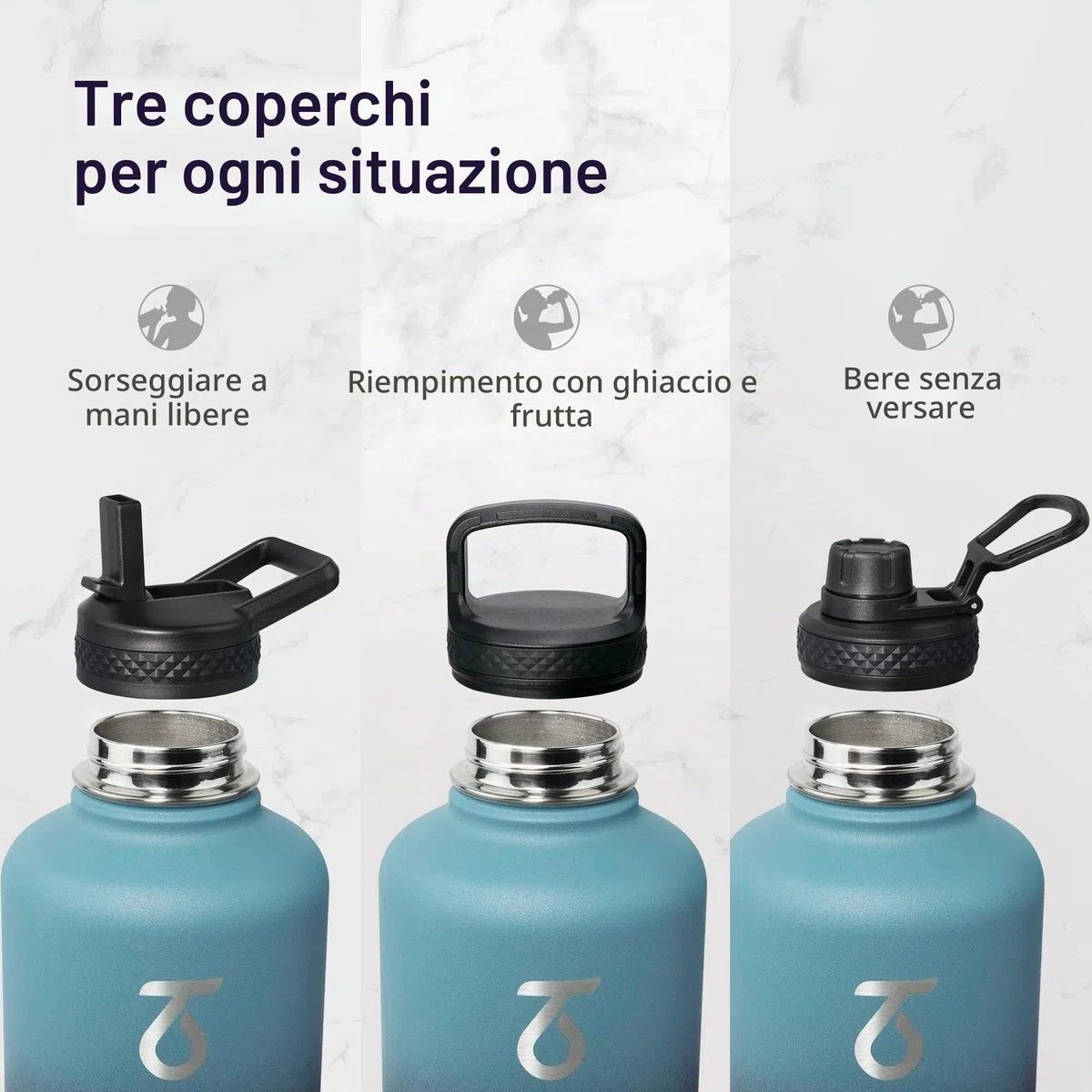 Trebo Borraccia Termica, Borraccia con Cannuccia Borraccia acciaio inox fredda per 48 ore Borraccia Termica Bottiglia in Metallo con Manico in Paracord, 1893 ml, Indigo/Nero