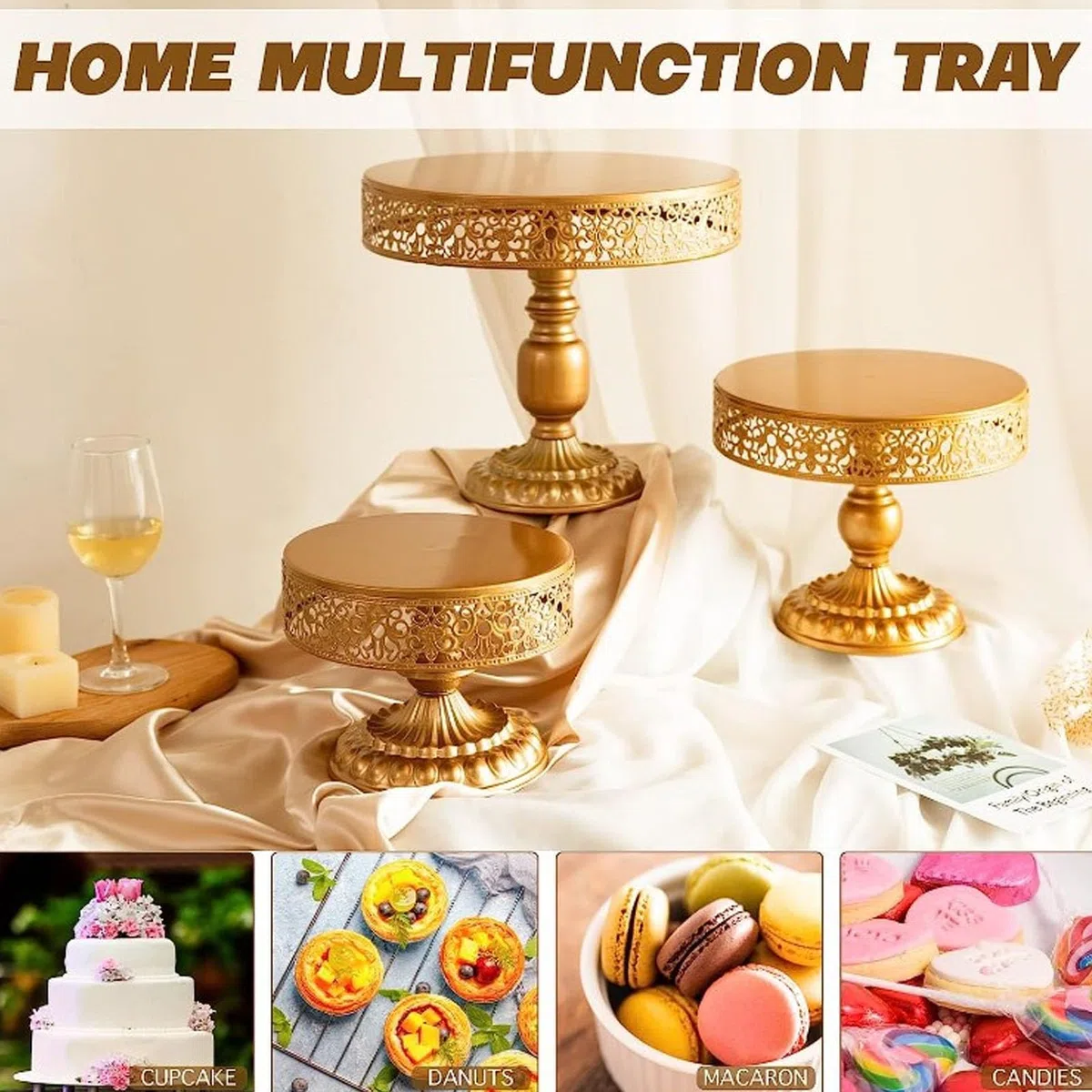 Alzata per torta in metallo dorato, espositori per torta rotondi Espositore per dessert rotondo Vassoio per espositori per cupcake Vassoio per biscotti per feste di compleanno, (10 pollici)