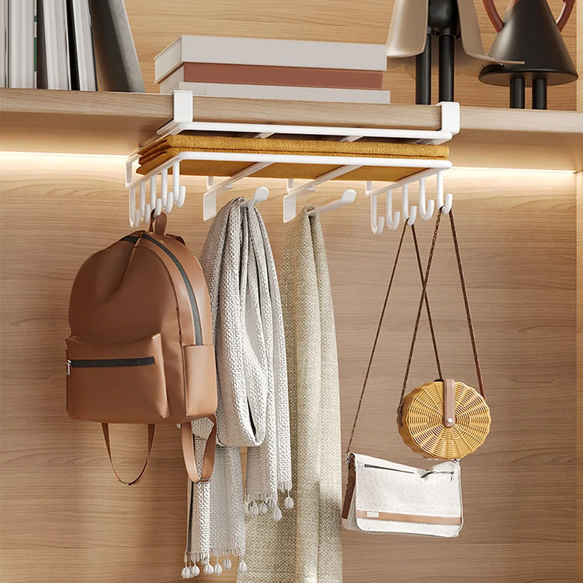 Dxcaicc Organizer per Ripiano per Armadio, Ripiano per Tagliere con Ganci Ganci da Cucina per Coperchio per Tazza di Asciugamano