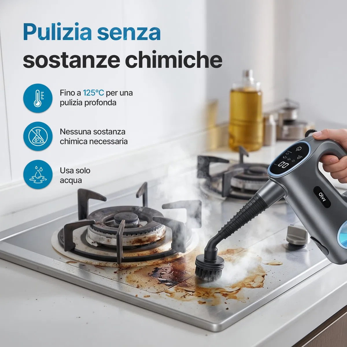 Olvy Pulitore a vapore manuale 1200 W Pentola portatile ad alta pressione con 3 livelli di vapore e set di accessori da 10 pezzi, serbatoio da 380 ml, per piastrelle di casa, mobili cucina e bagno