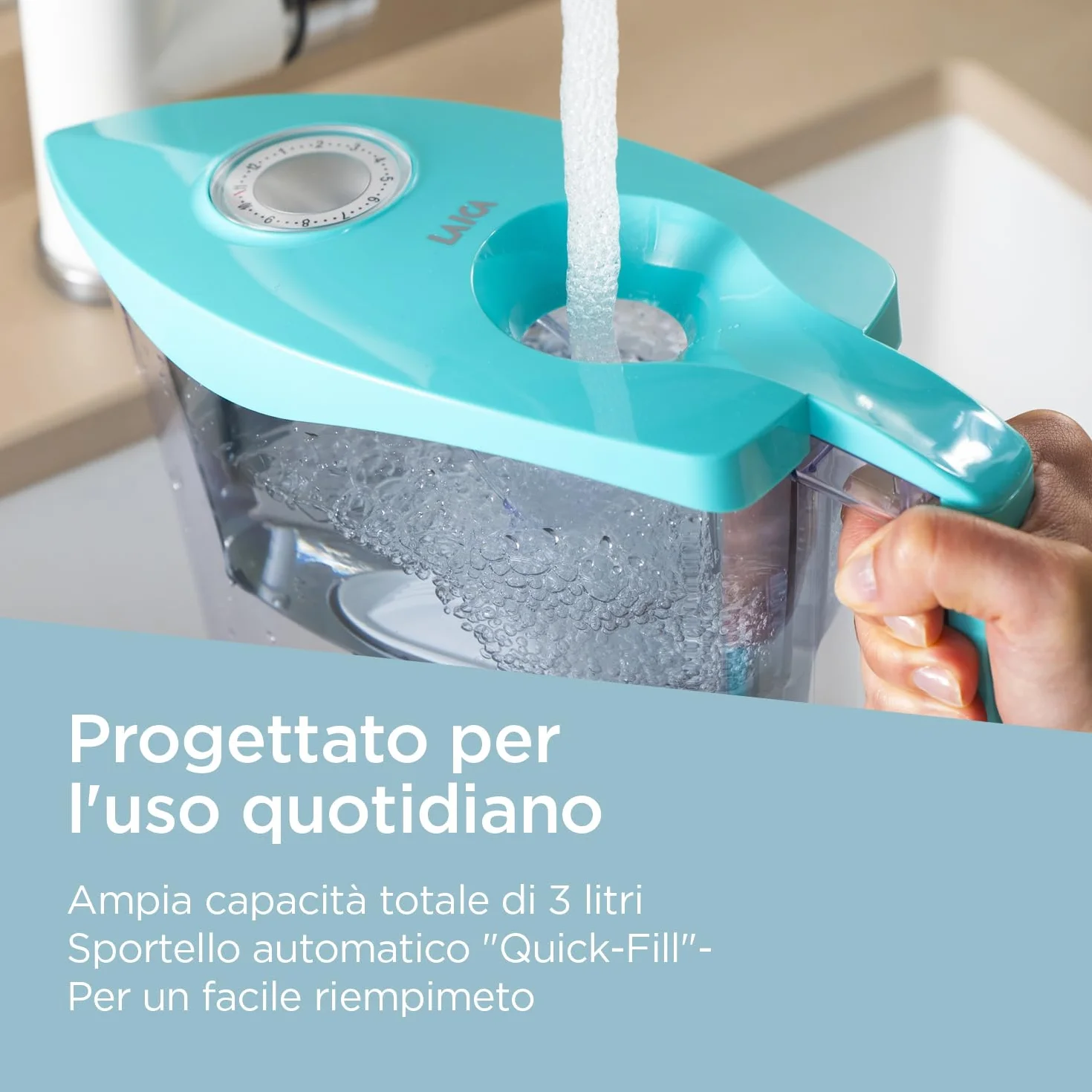 LAICA MikroPLASTIK-STOP Caraffa Filtrante - 3L - Azzurro - con 1 Filtro bi-flux e 1 Filtro MikroPLASTIK-STOP, Preserva i sali minerali e Riduce le microplastiche - Timer analogico - Made in Italy